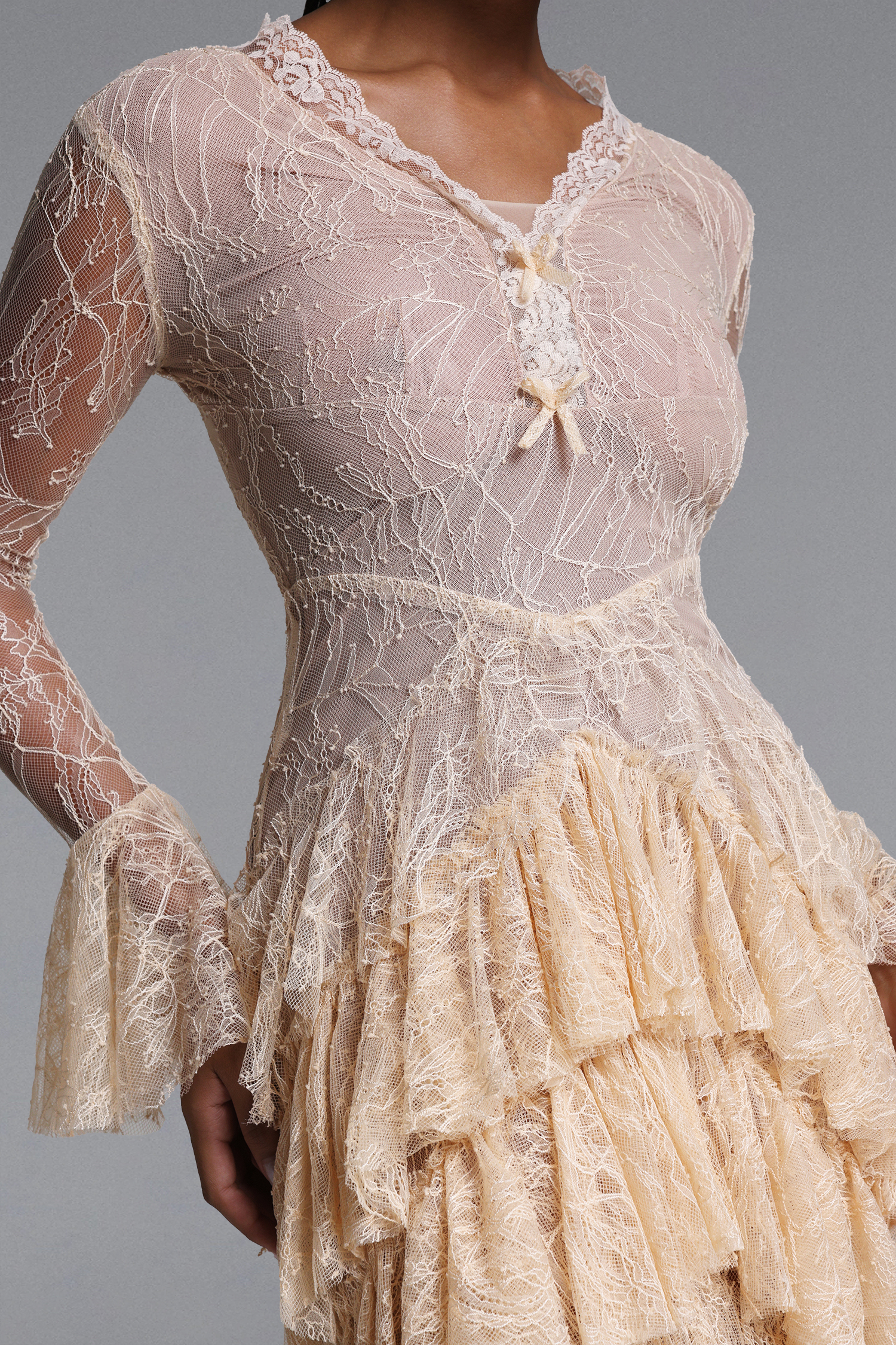 Kianala Romantic Flowy V Neck Long Sleeve Ruffle Lace Maxi Dress