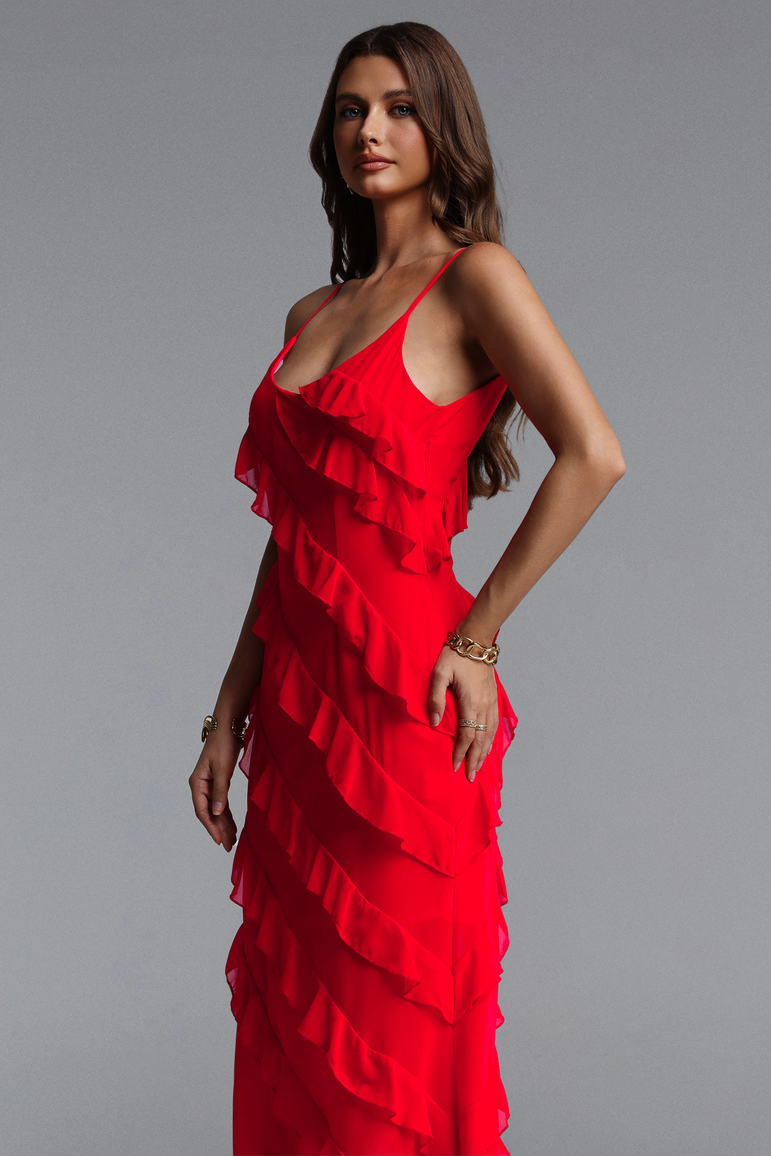 Rora Resort Flowy Sleeveless Ruffle Woven Maxi Dress