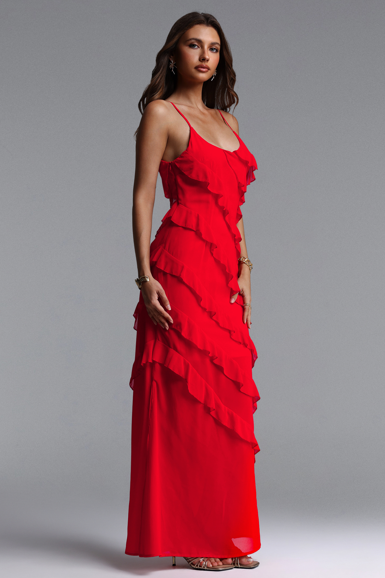 Rora Resort Flowy Sleeveless Ruffle Woven Maxi Dress
