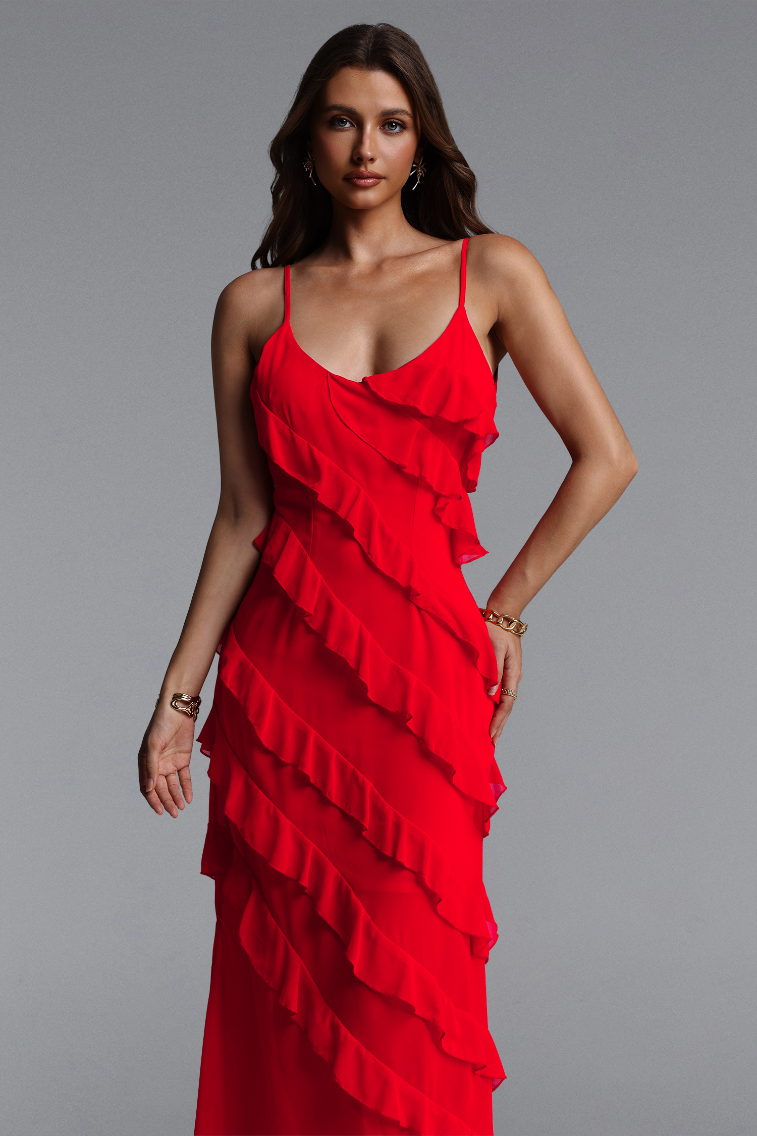 Rora Resort Flowy Sleeveless Ruffle Woven Maxi Dress