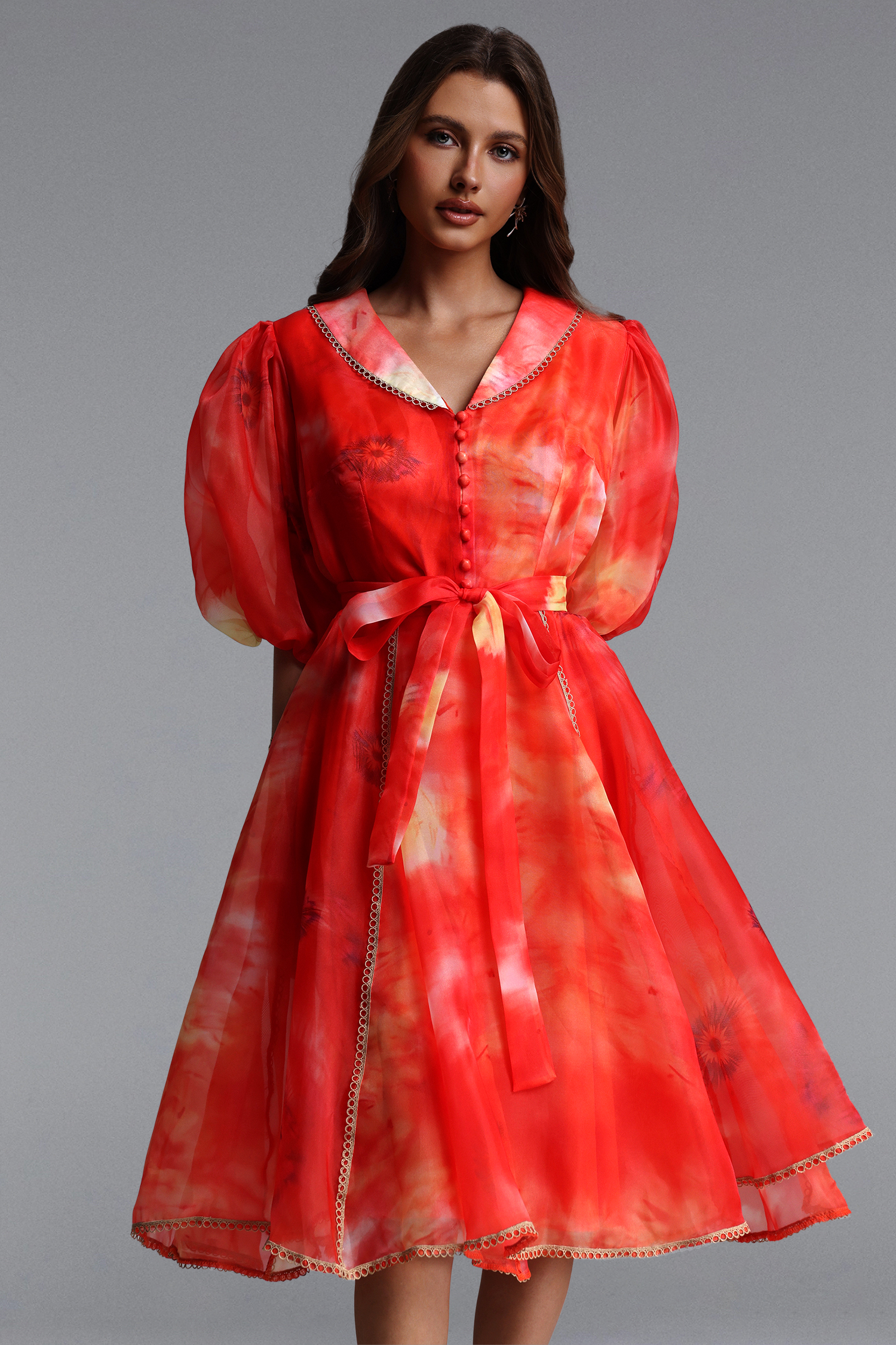 Derya Resort Flowy Puff Sleeve Print Organza Mini Dress