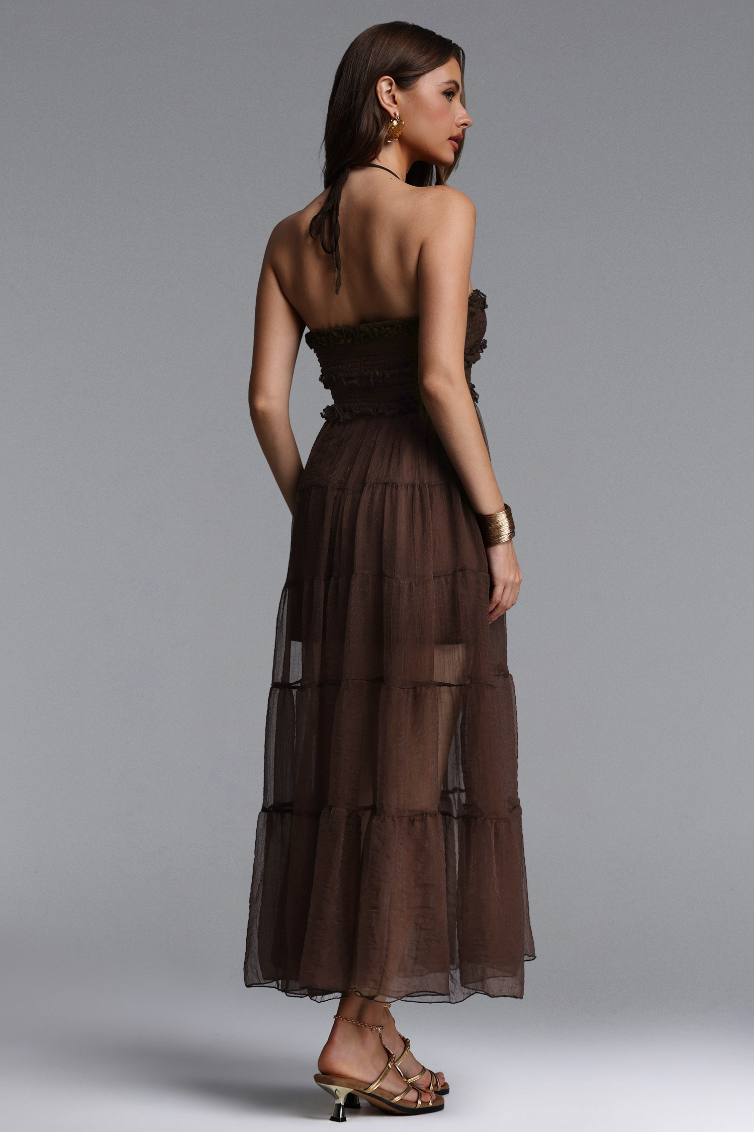 Nadine Resort Flowy Sleeveless Ruffle Ruched Mesh Maxi Dress