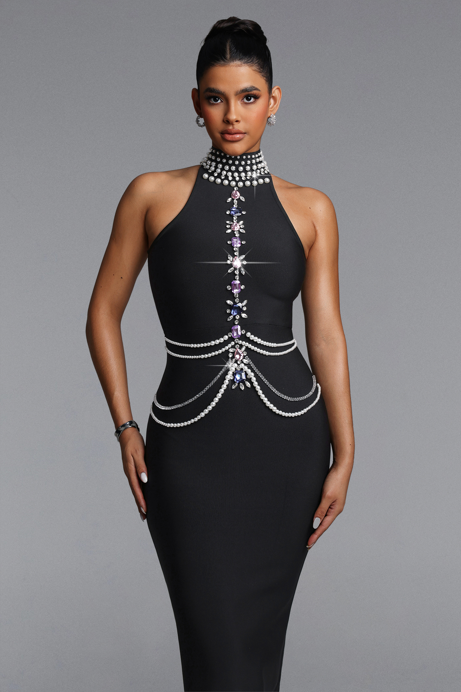 Opal Glamorous Contour Halter Rhinestone Pearl Bandage Maxi Dress