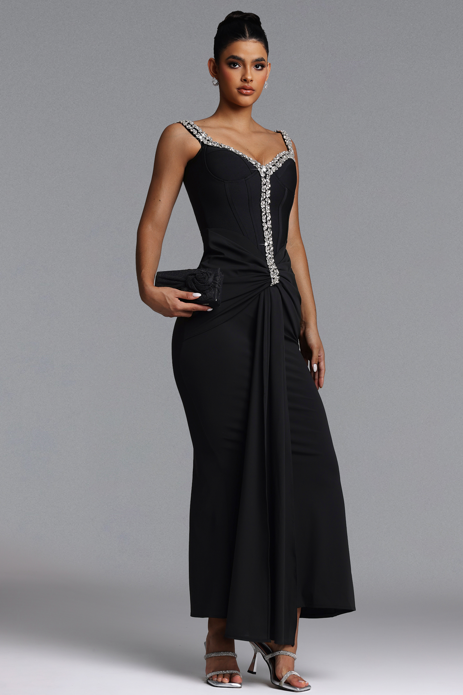 Indigo Glamorous Contour Rhinestone Bandage Maxi Dress
