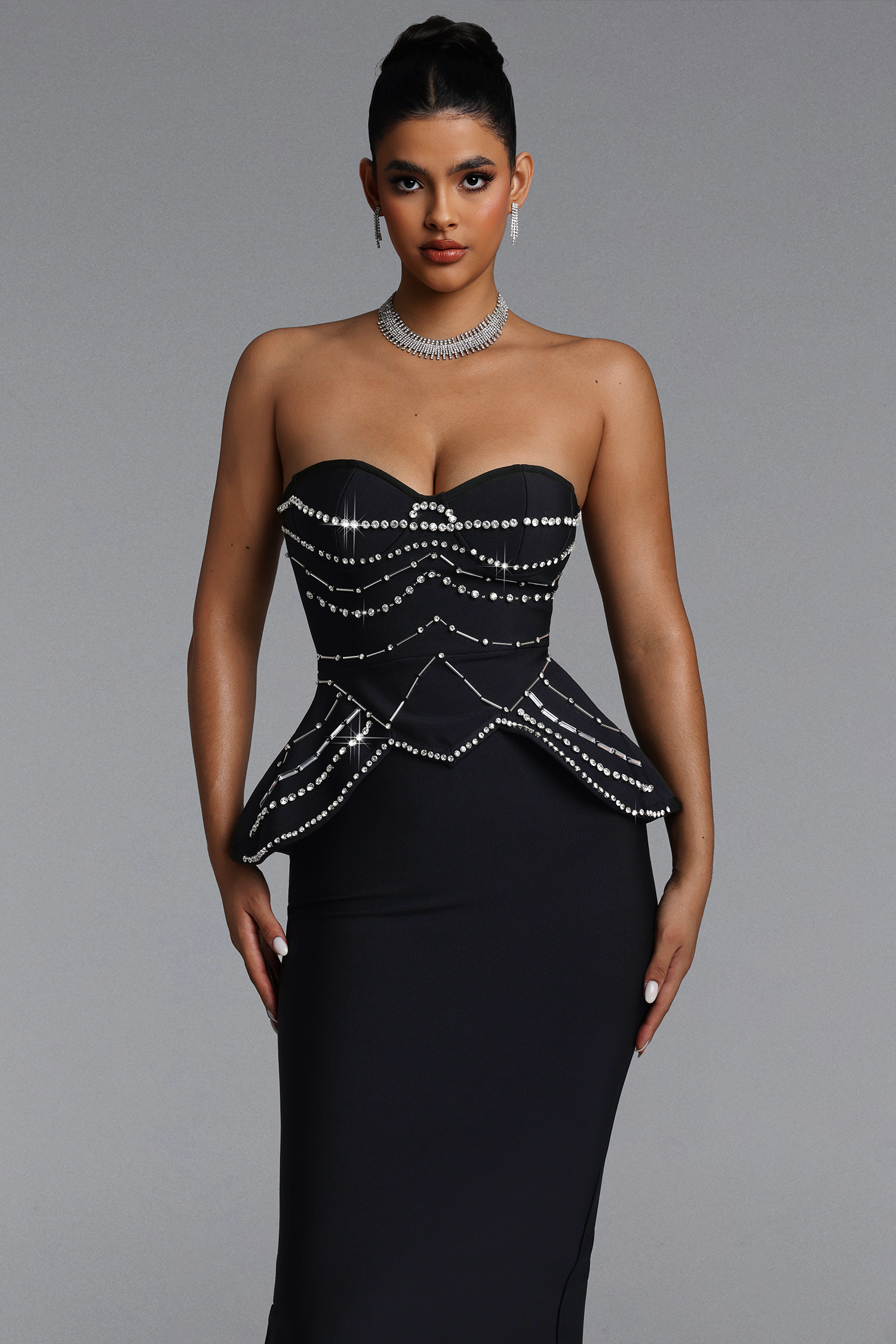 Dolores Glamorous Contour Strapless Rhinestone Bandage Maxi Dress