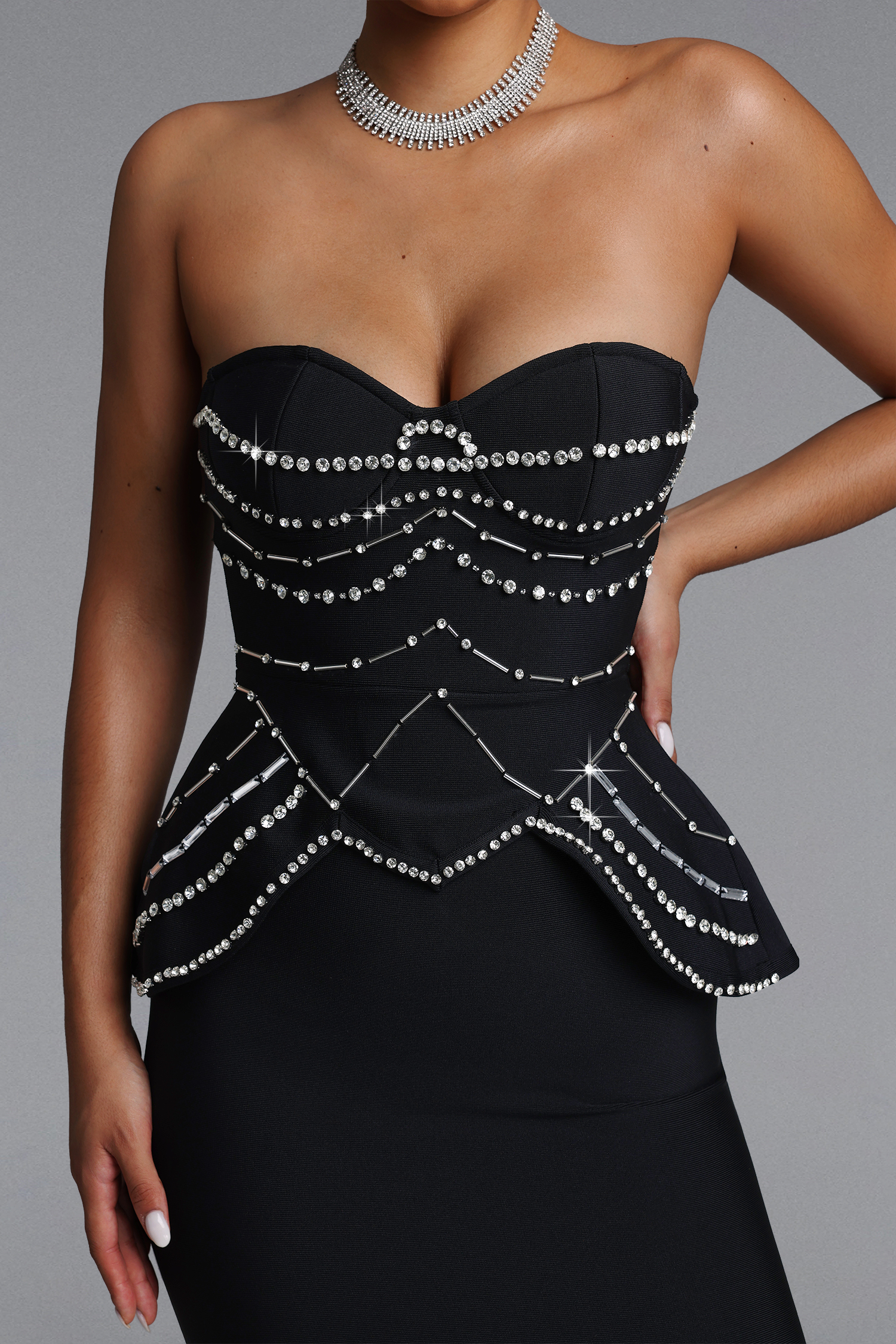 Dolores Glamorous Contour Strapless Rhinestone Bandage Maxi Dress