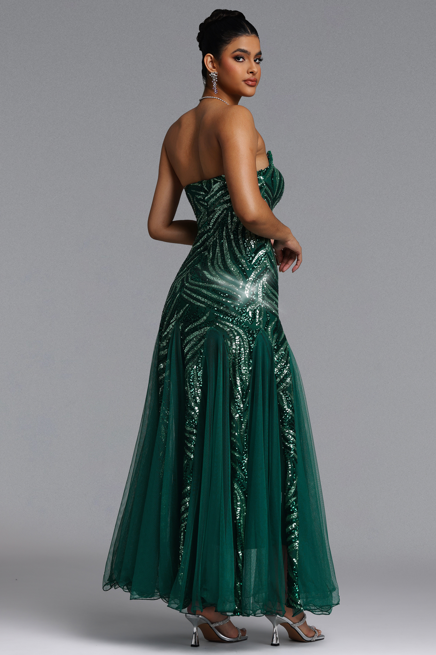 Sally Glamorous Contour Strapless Sequin Green Maxi Dress