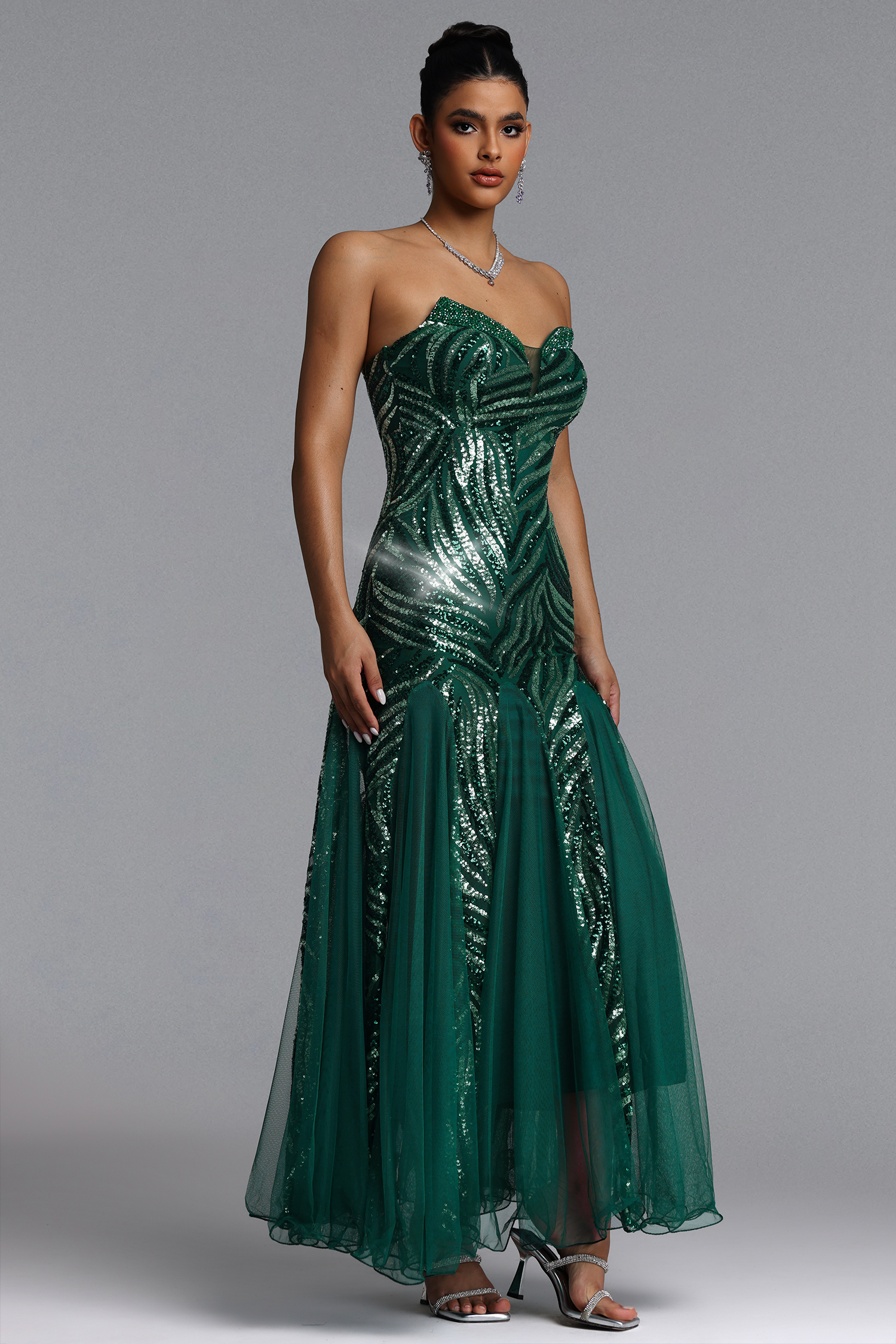 Sally Glamorous Contour Strapless Sequin Green Maxi Dress