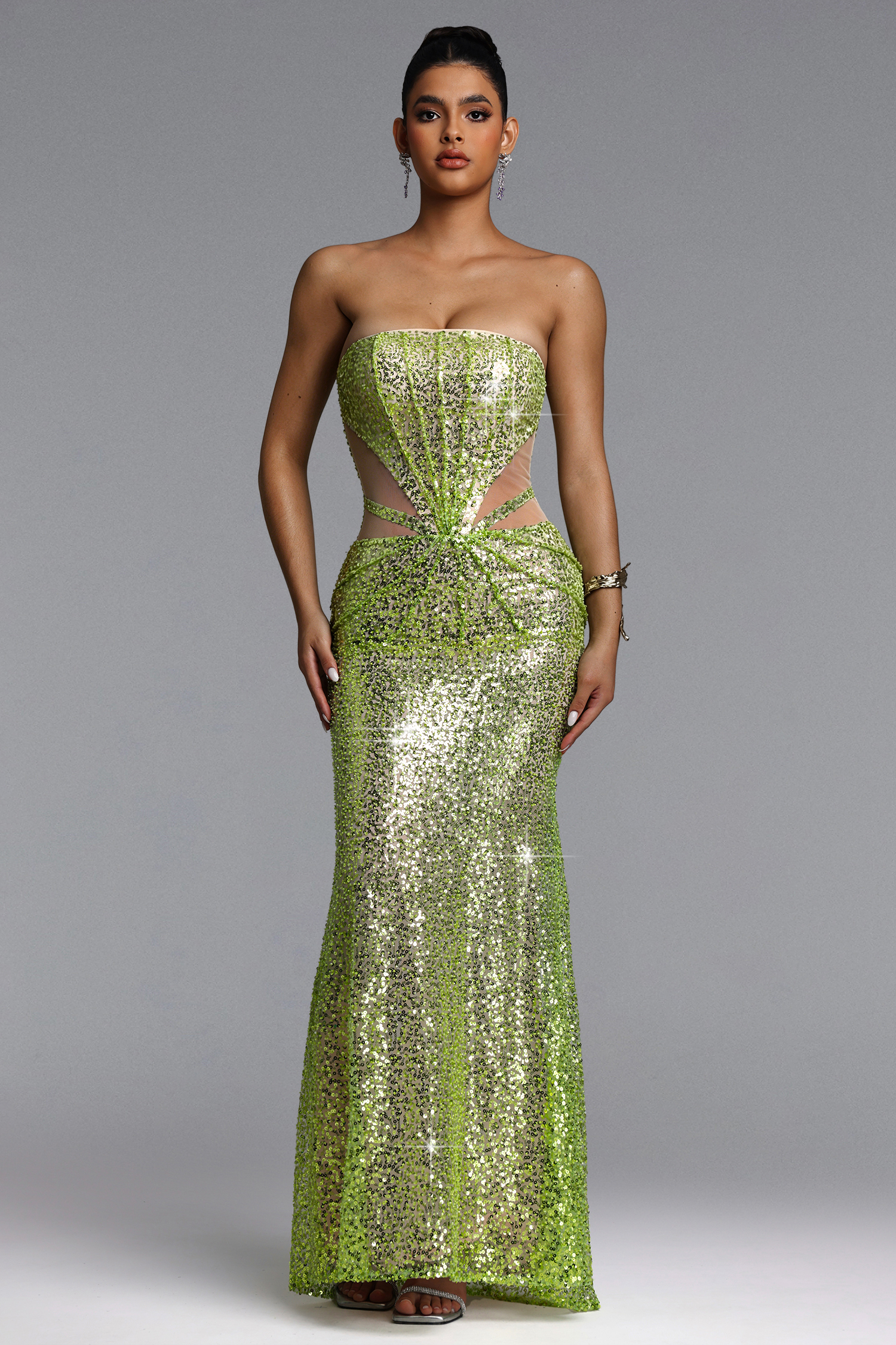 Kerlin Elegant Contour Strapless Cut Out Sequin Maxi Dress