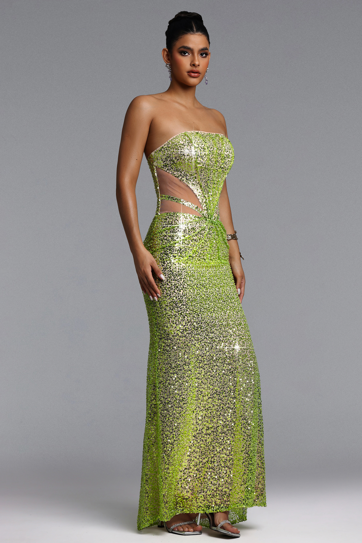 Kerlin Elegant Contour Strapless Cut Out Sequin Maxi Dress