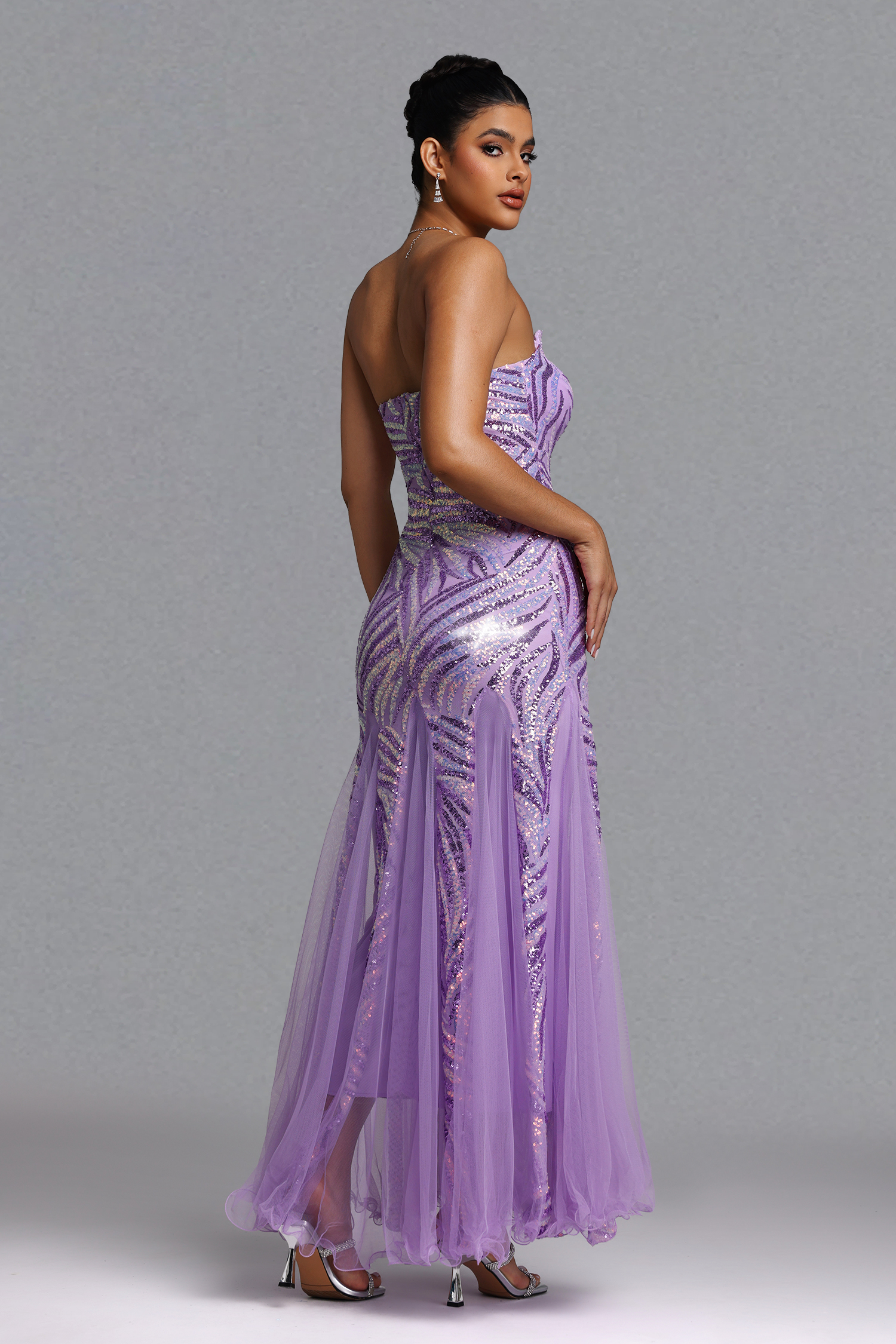 Sally Glamorous Contour Strapless Sequin Purple Maxi Dress