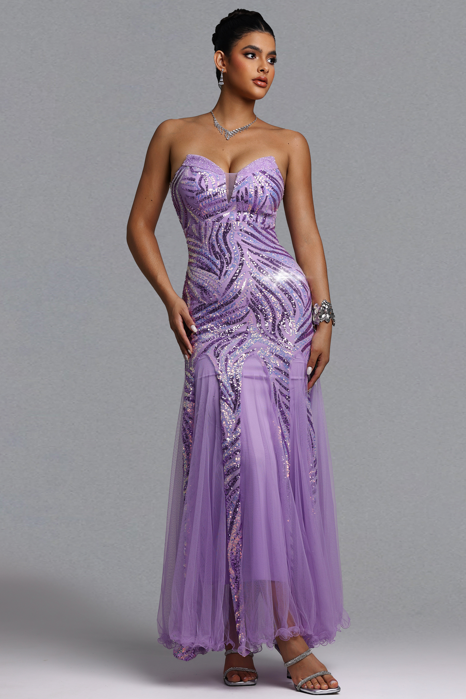 Sally Glamorous Contour Strapless Sequin Purple Maxi Dress