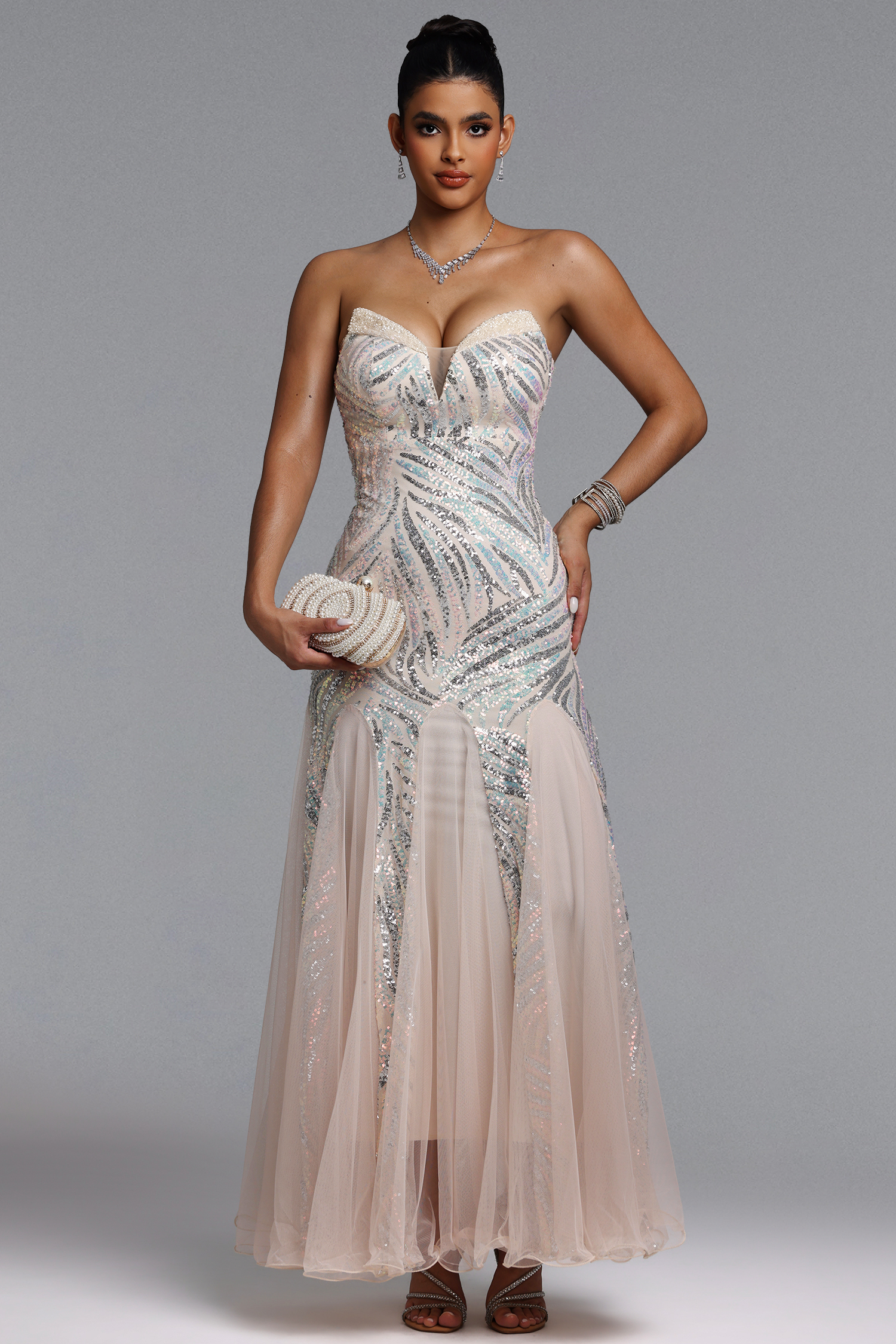 Sally Glamorous Contour Strapless Sequin Beige Maxi Dress