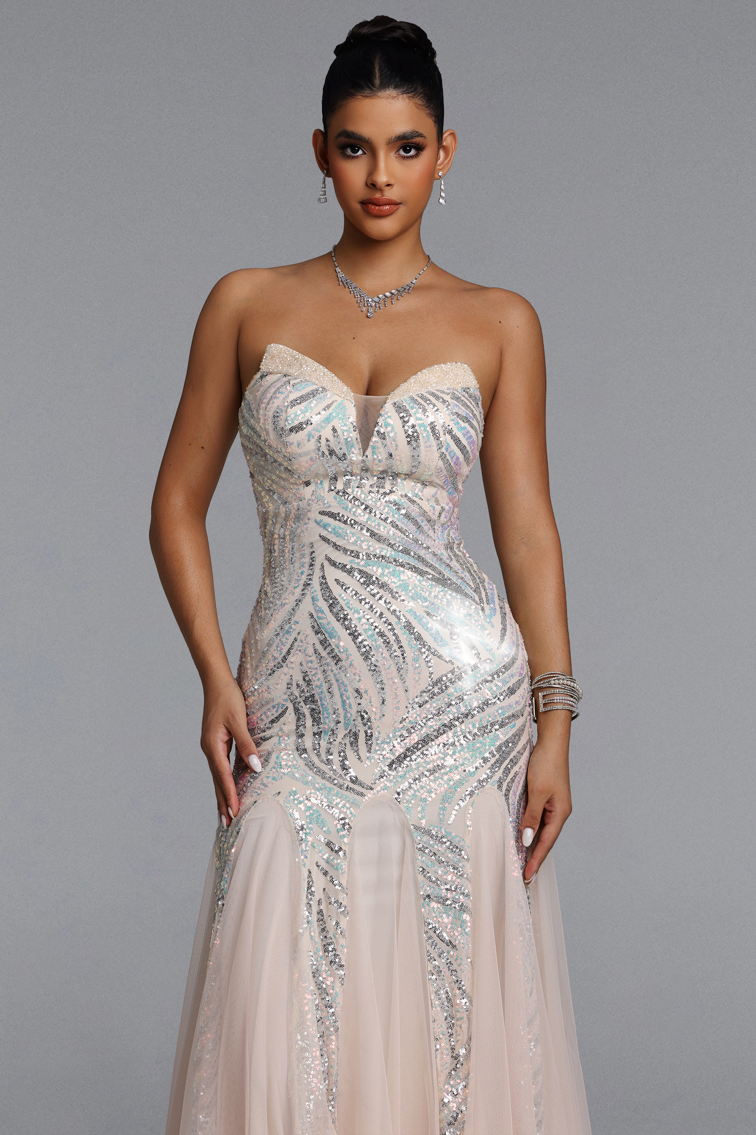 Sally Glamorous Contour Strapless Sequin Beige Maxi Dress