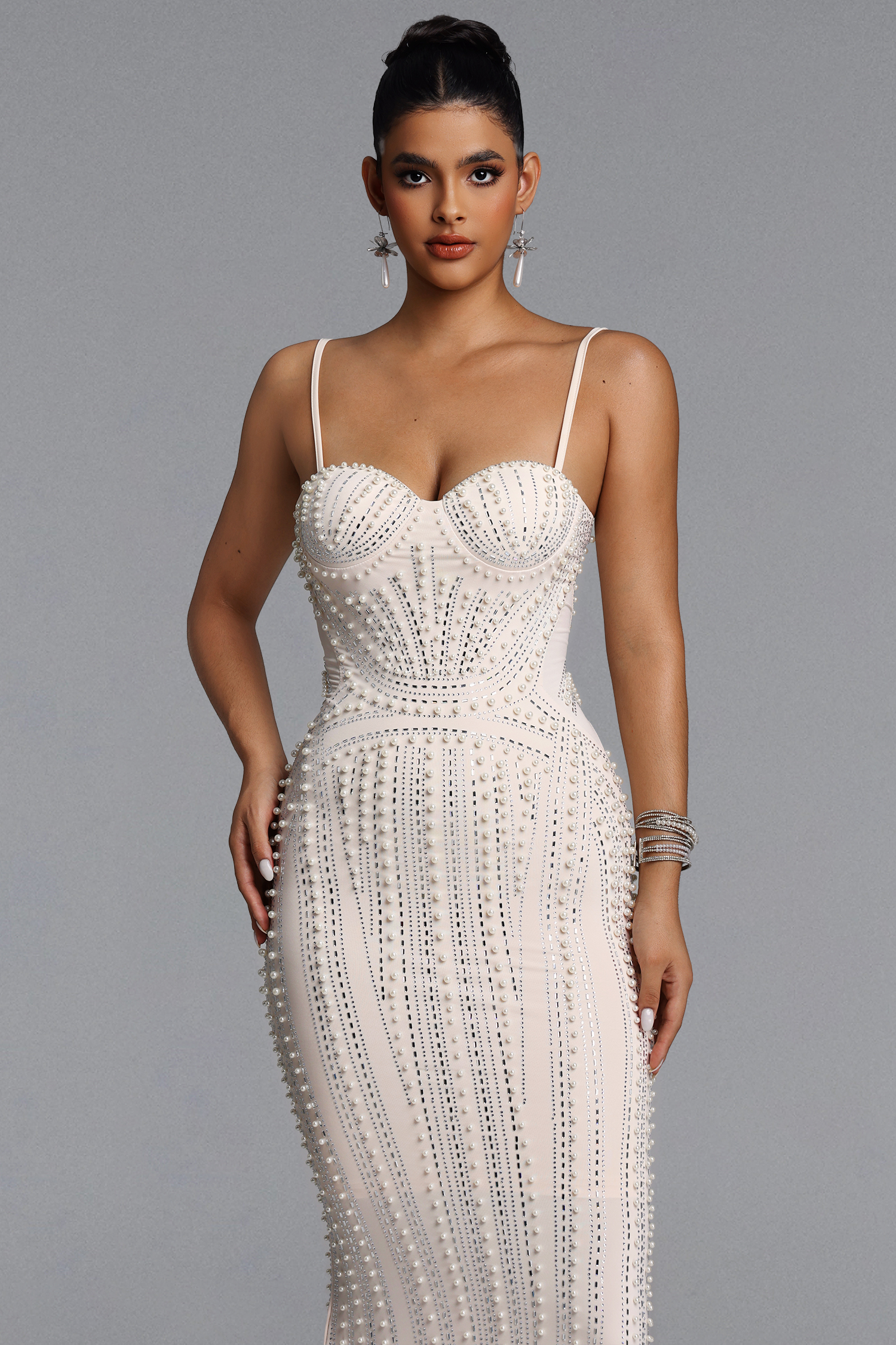 Liara Elegant Contour Pearl Crystal Maxi Dress