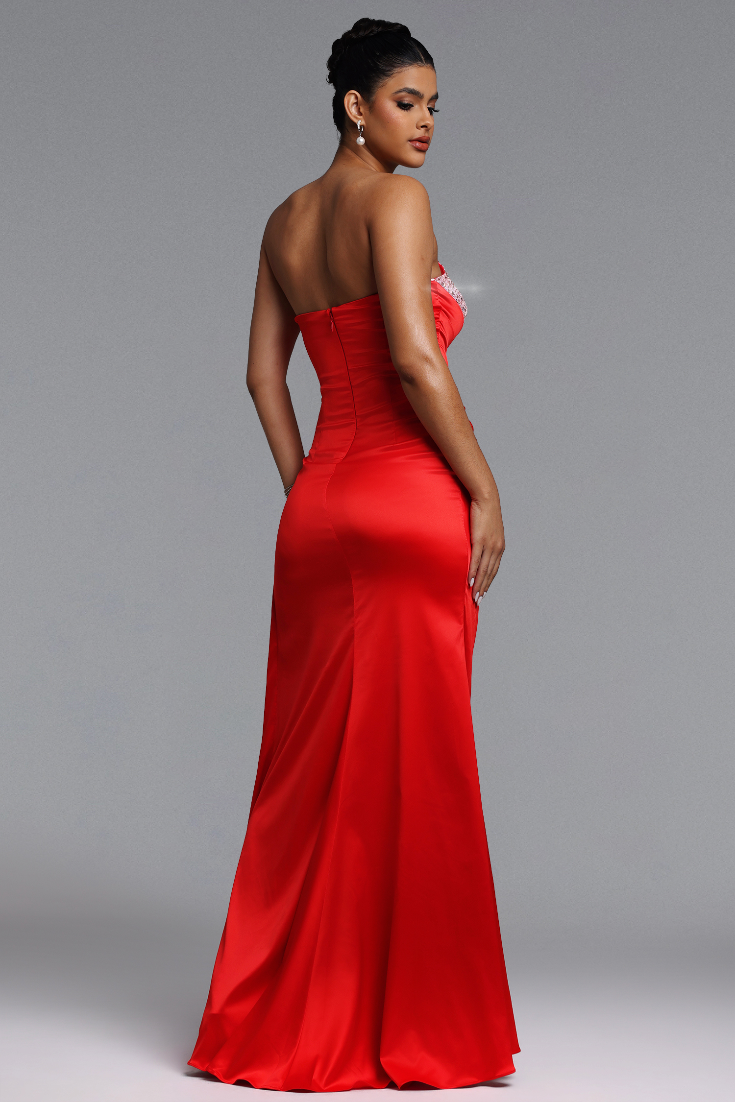 Lase Glamorous Contour Strapless Pleated Satin Maxi Dress