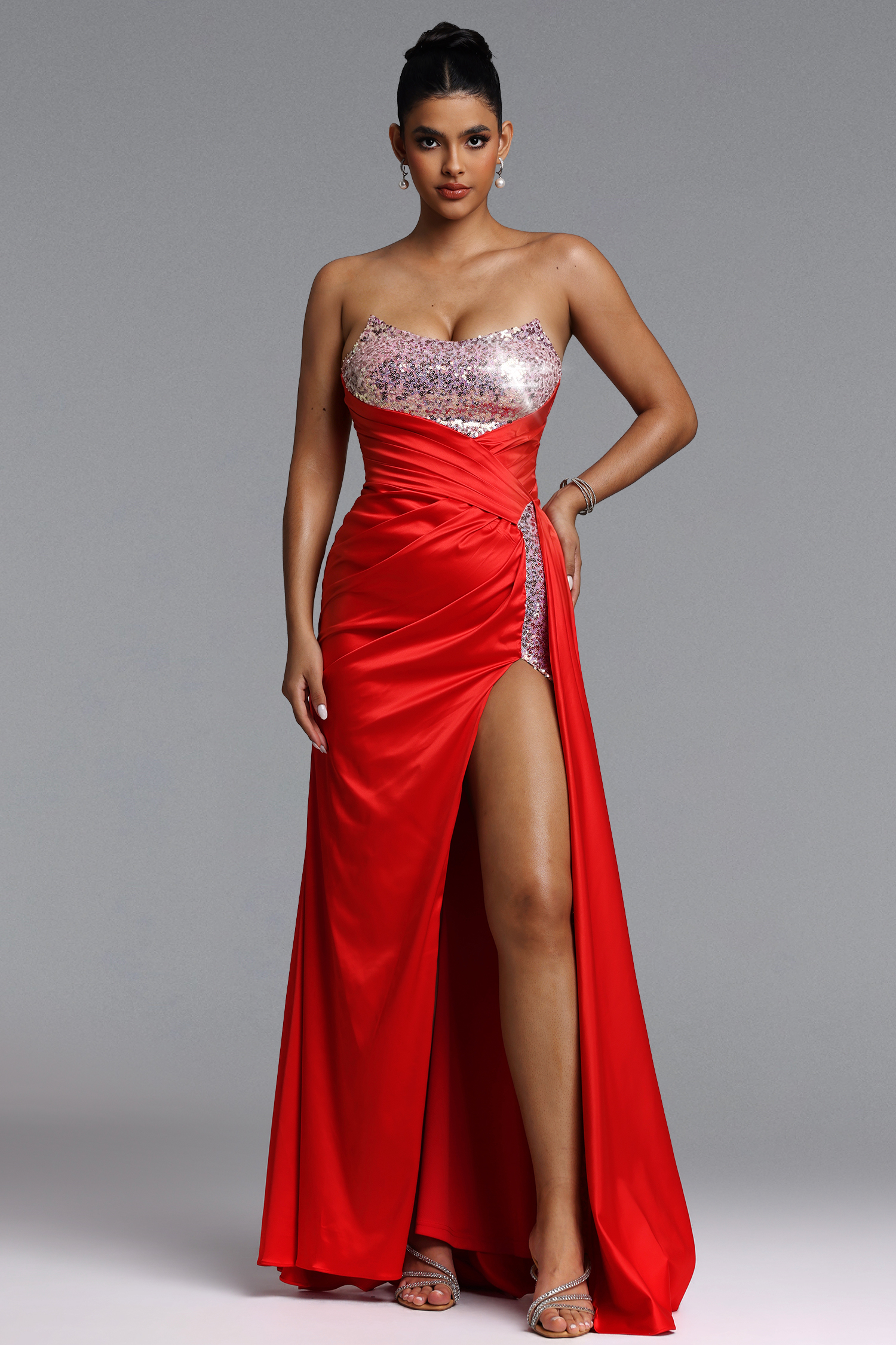 Lase Glamorous Contour Strapless Pleated Satin Maxi Dress
