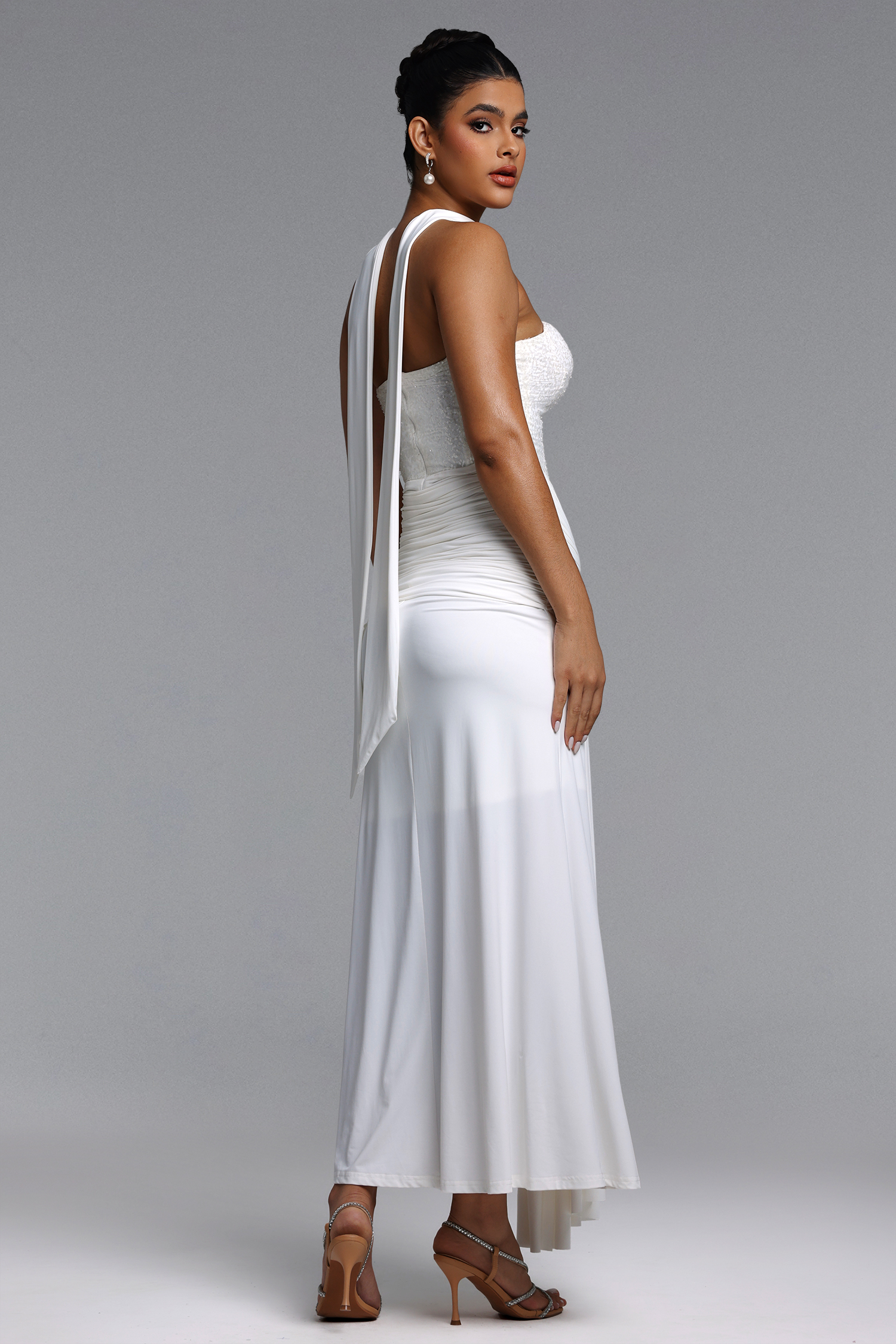 Sharlot Elegant Contour Strapless sequin Draped Knit White Maxi Dress