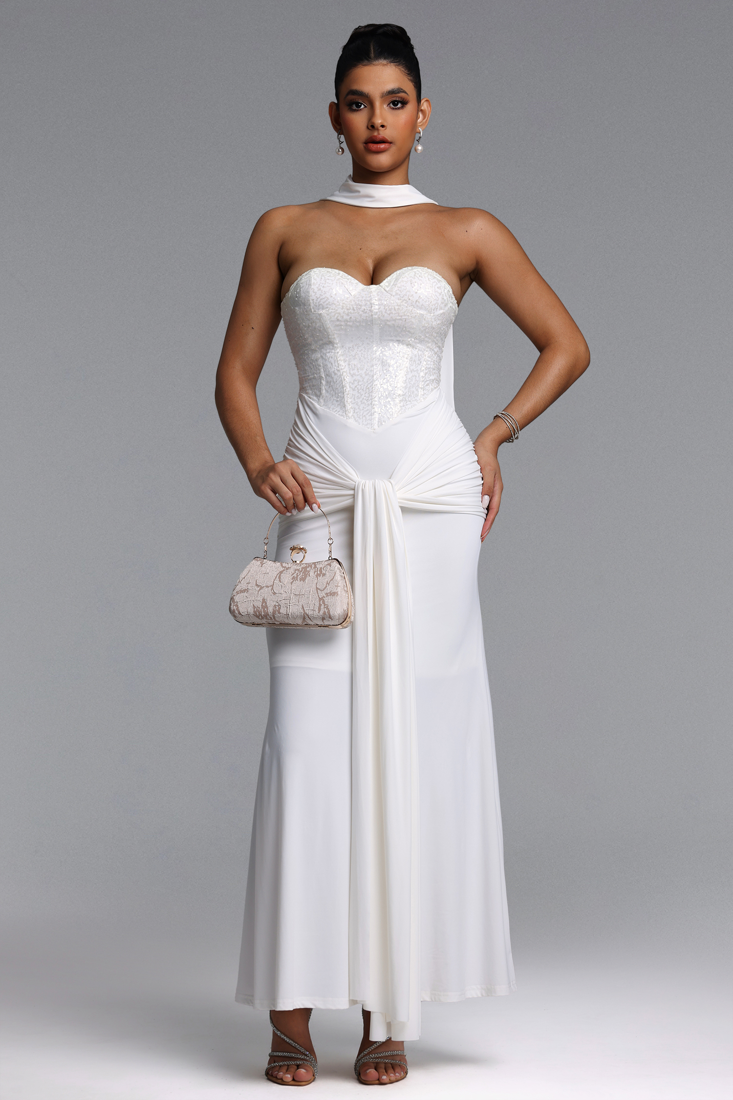 Sharlot Elegant Contour Strapless sequin Draped Knit White Maxi Dress