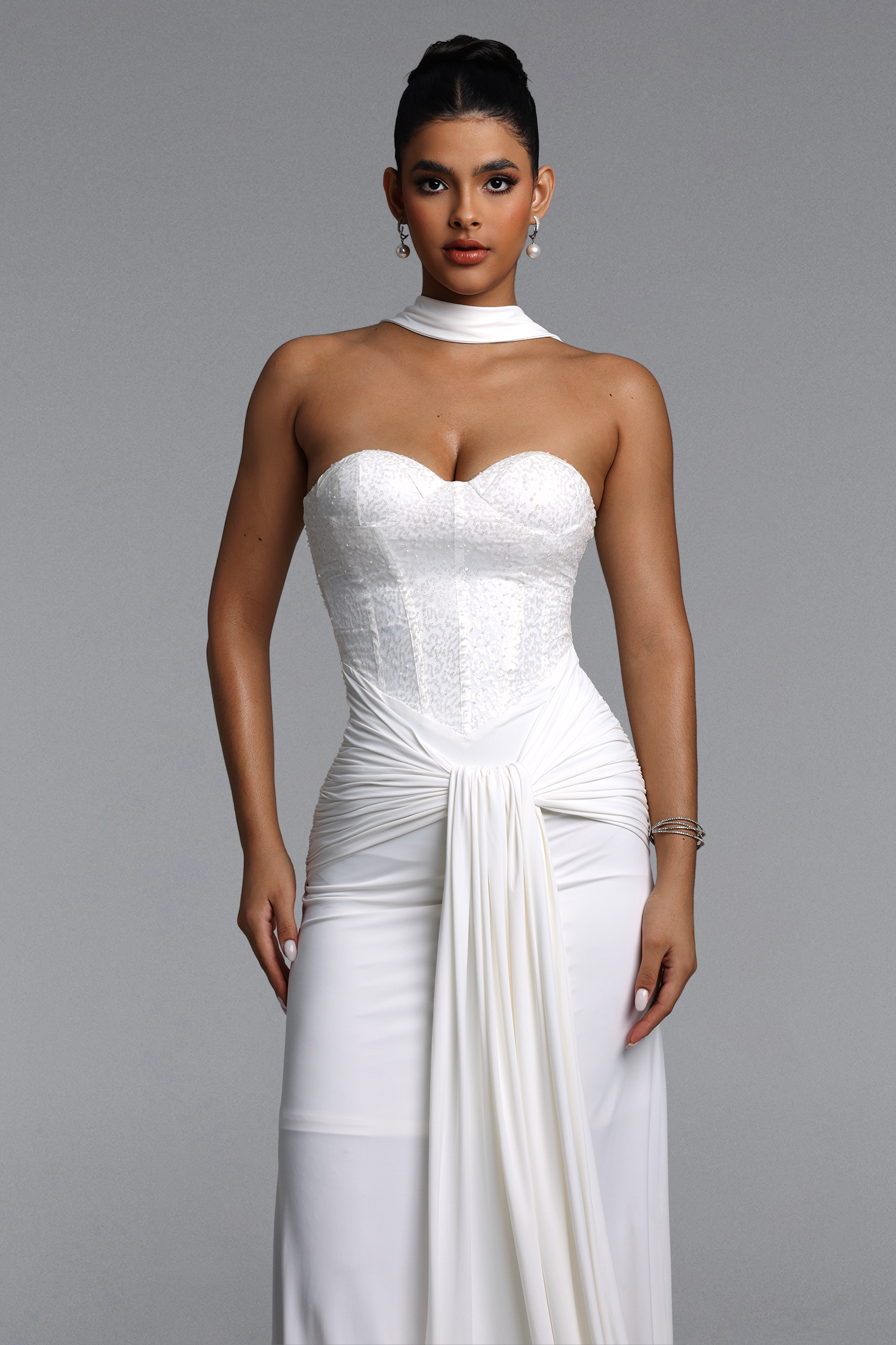 Sharlot Elegant Contour Strapless sequin Draped Knit White Maxi Dress