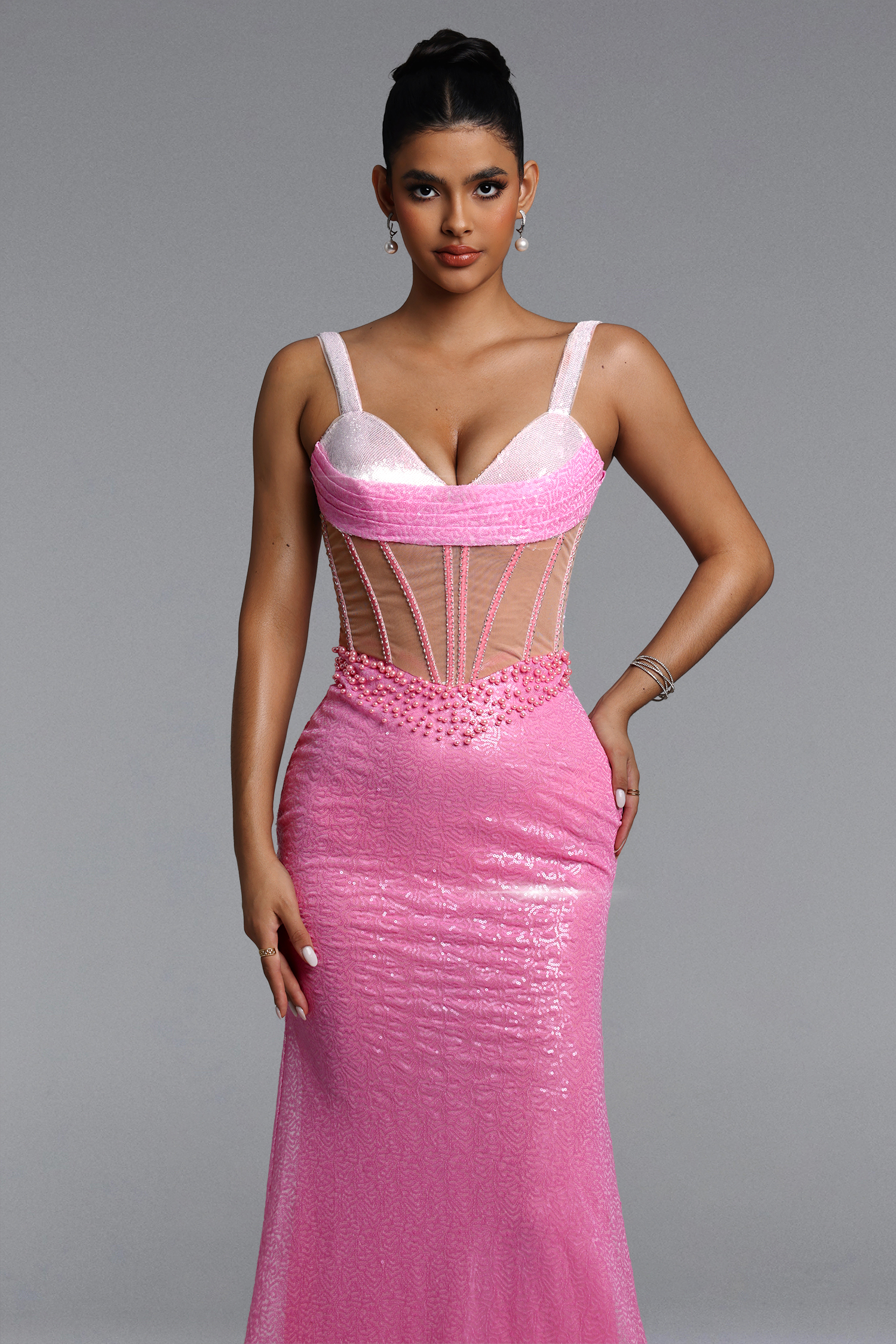 Tati Romantic Contour Cut Out Pearl Sequin Maxi Dress