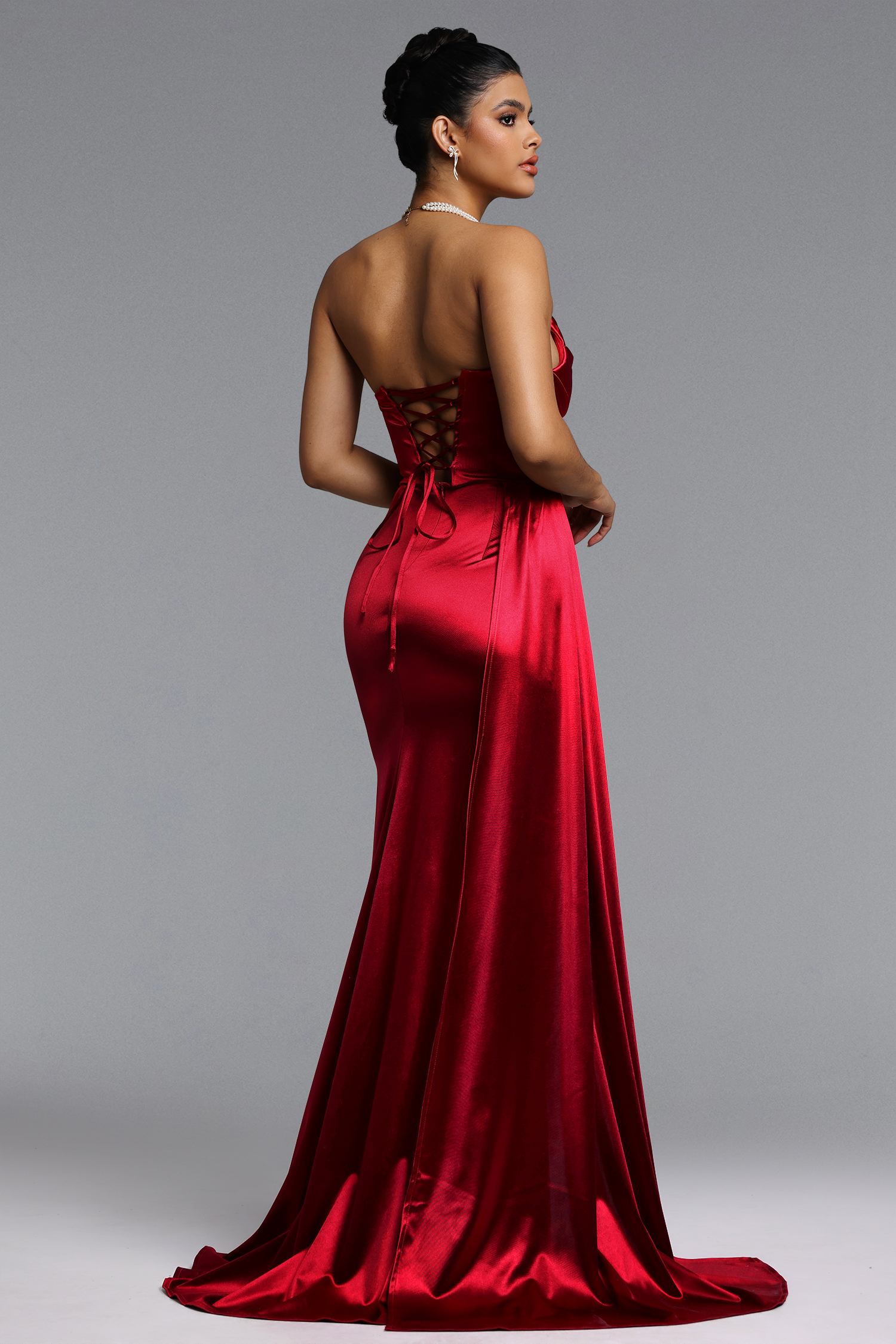 Flavia Romantic Tailored Strapless Pleated Satin Maxi Dress