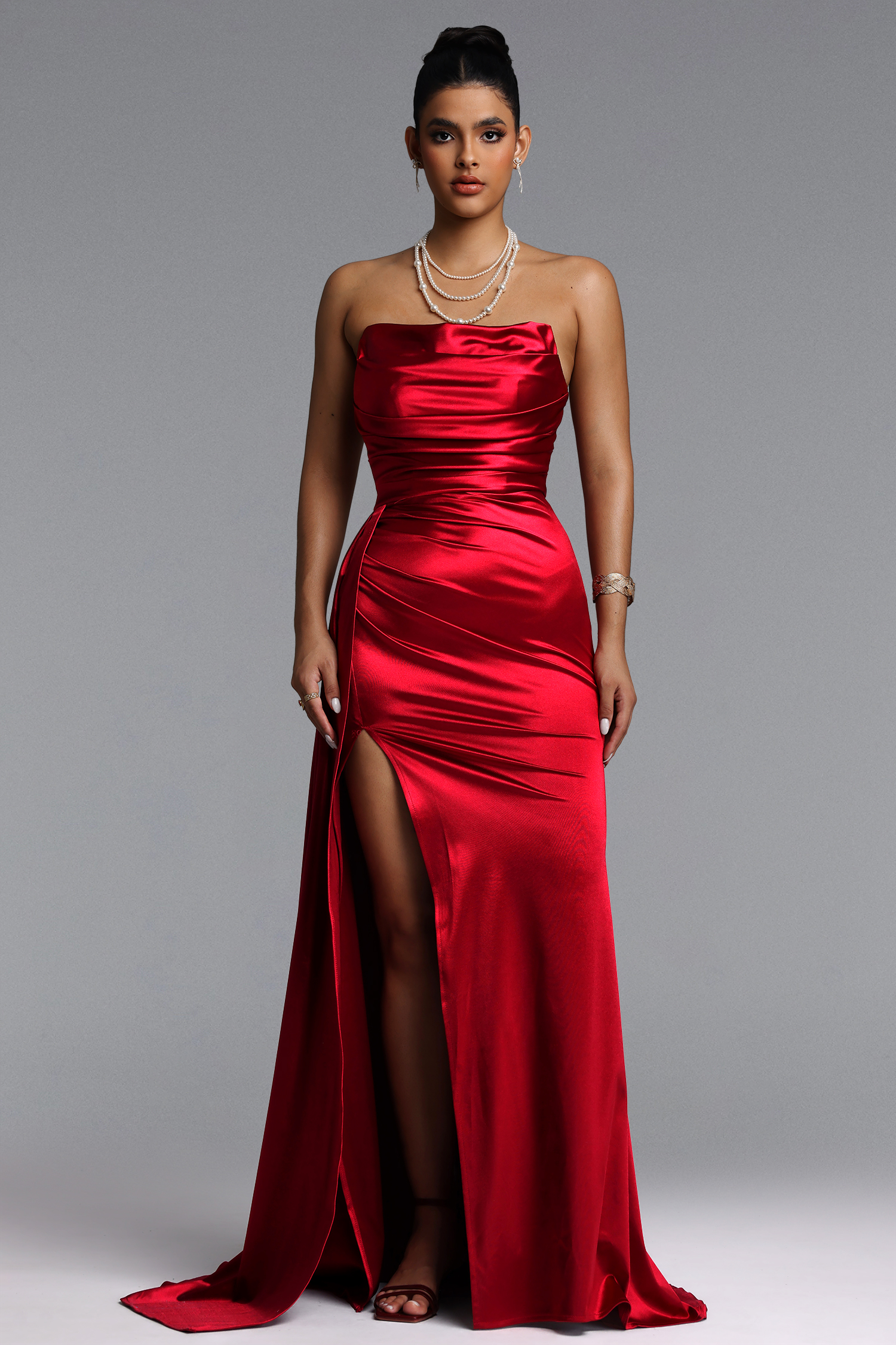 Flavia Romantic Tailored Strapless Pleated Satin Maxi Dress