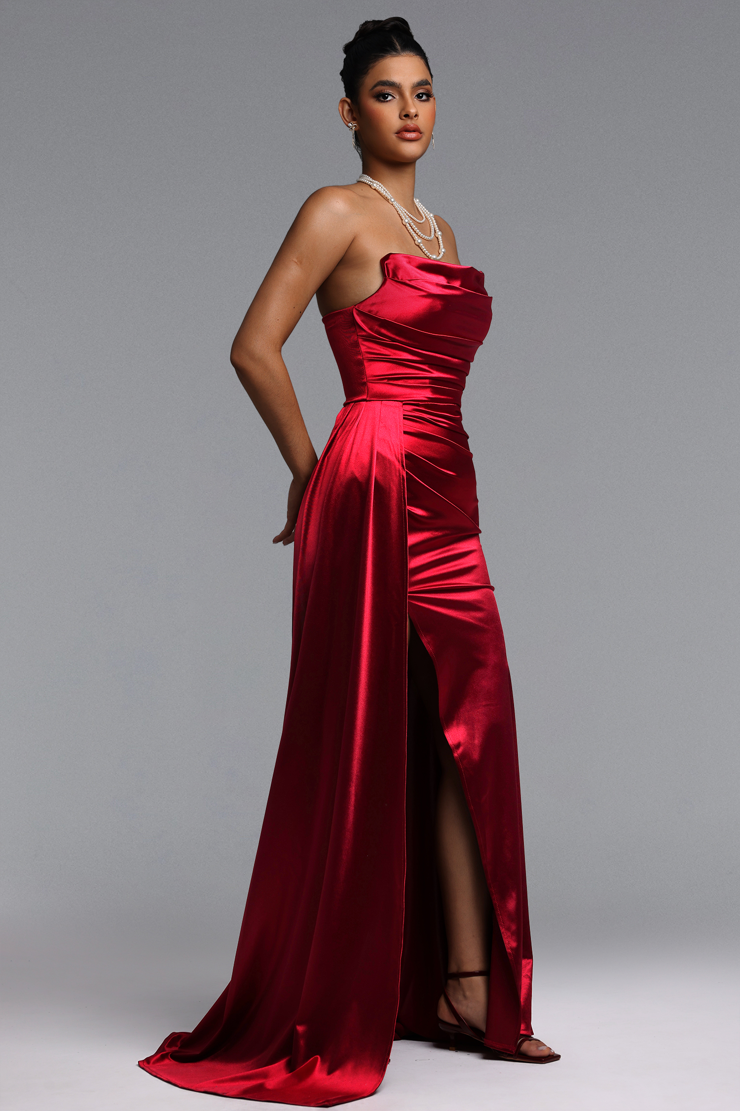 Flavia Romantic Tailored Strapless Pleated Satin Maxi Dress
