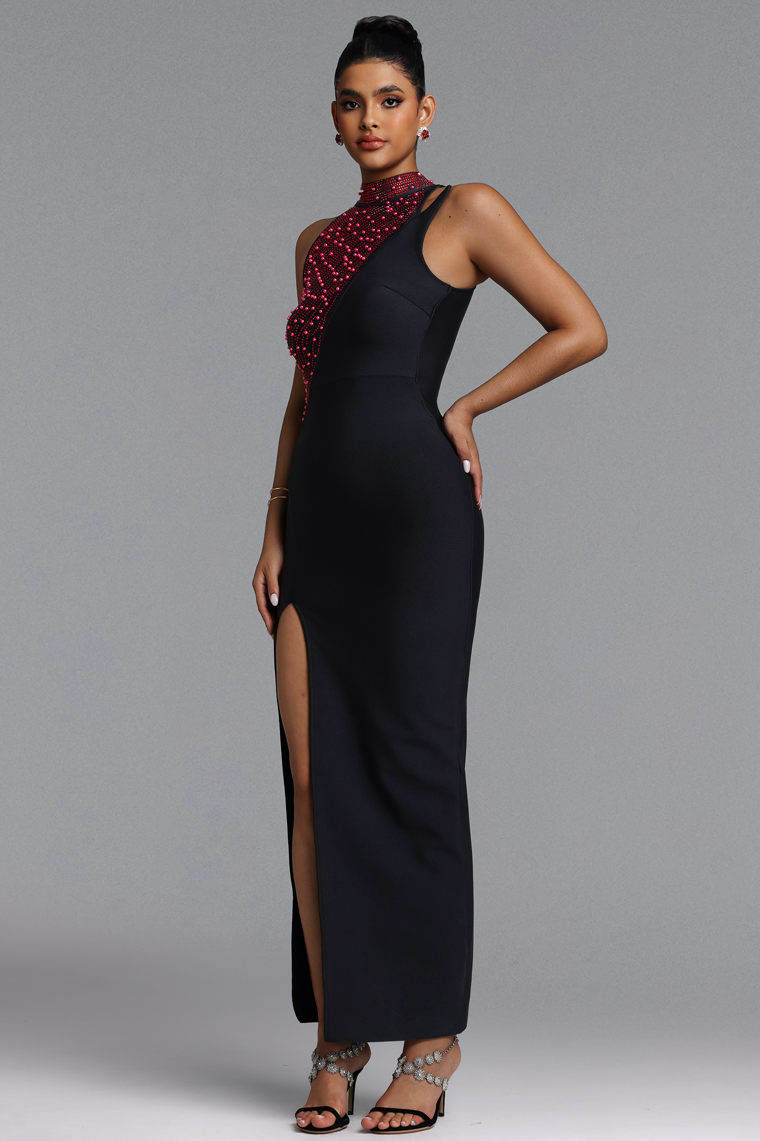 Liopa Chic Contour Halter Pearl Crystal Bandage Maxi Dress