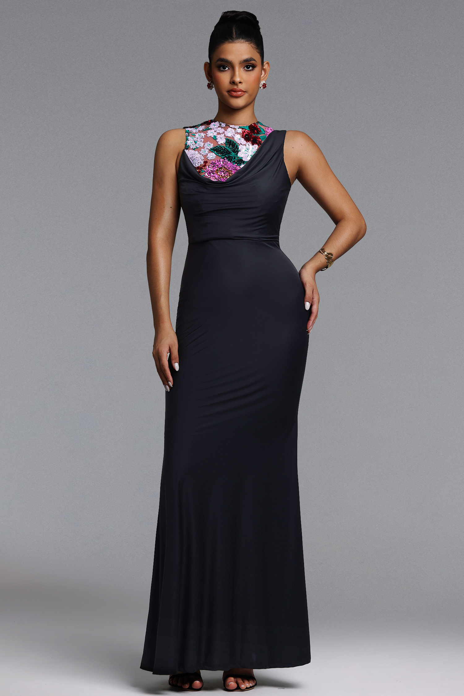 Racer Chic Contour Sleeveless Embellished Floral Sequin Maxi Dress