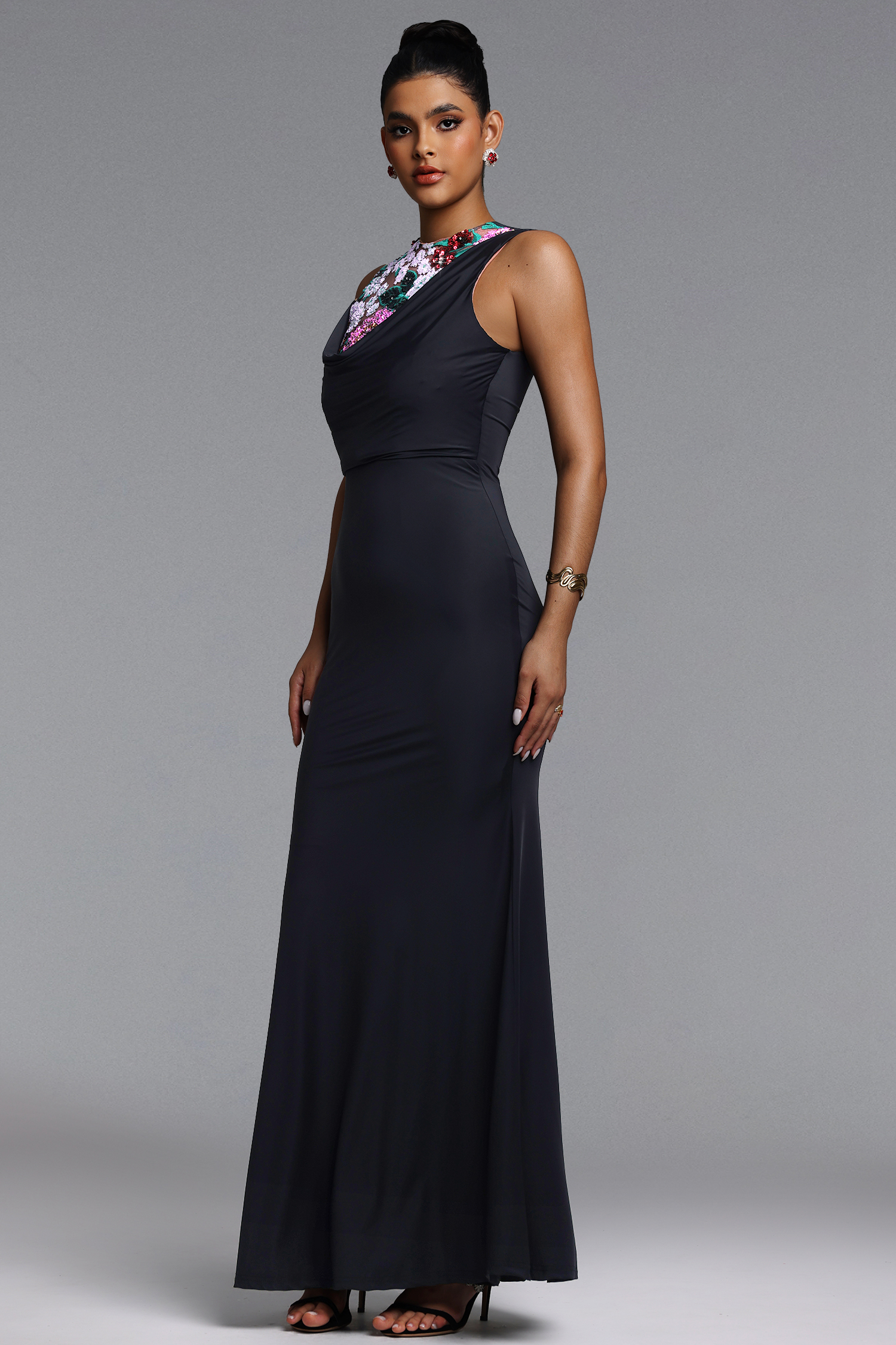 Racer Chic Contour Sleeveless Embellished Floral Sequin Maxi Dress