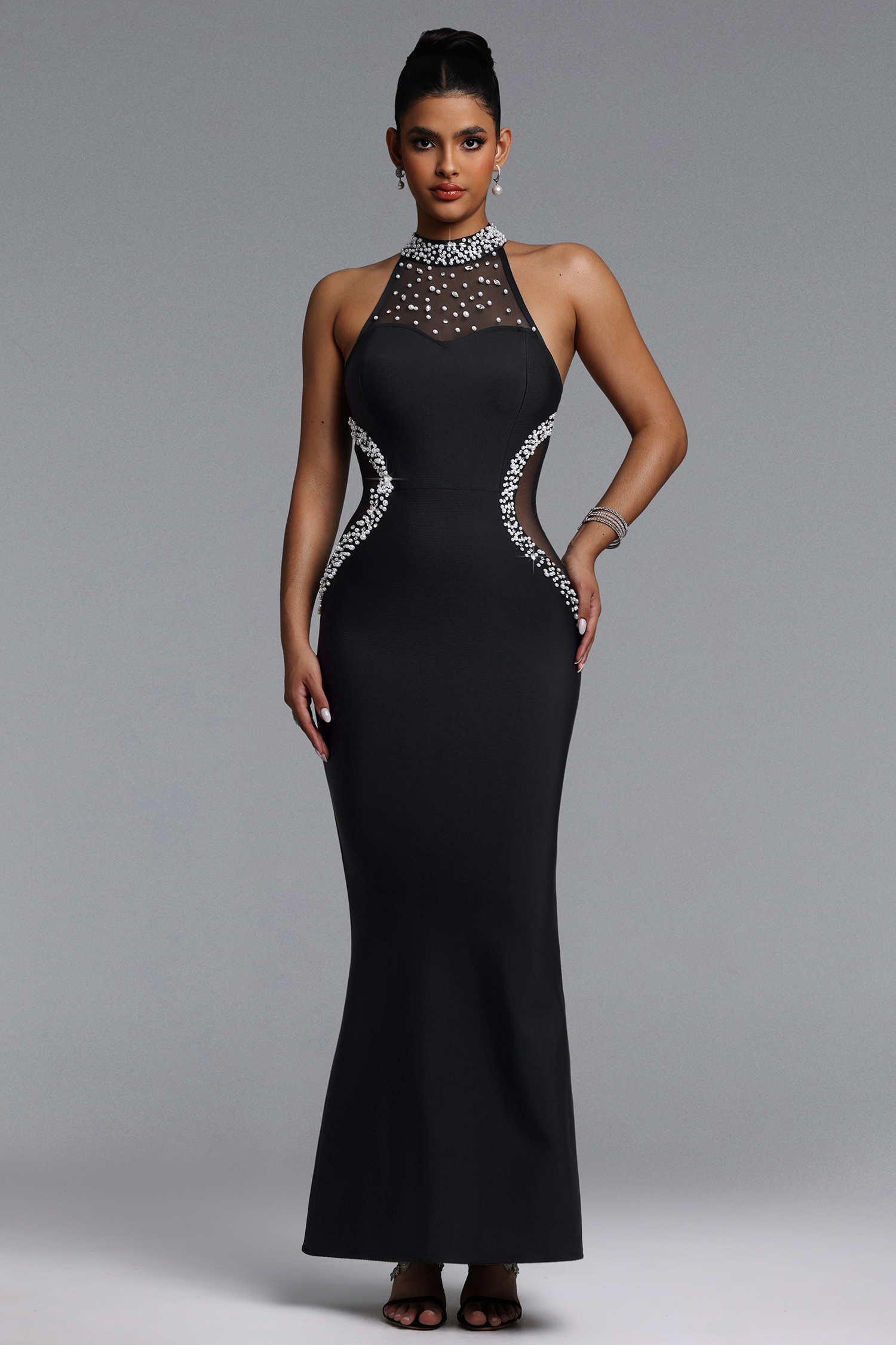 Samala Classic Contour Halter Pearl Bandage Maxi Dress