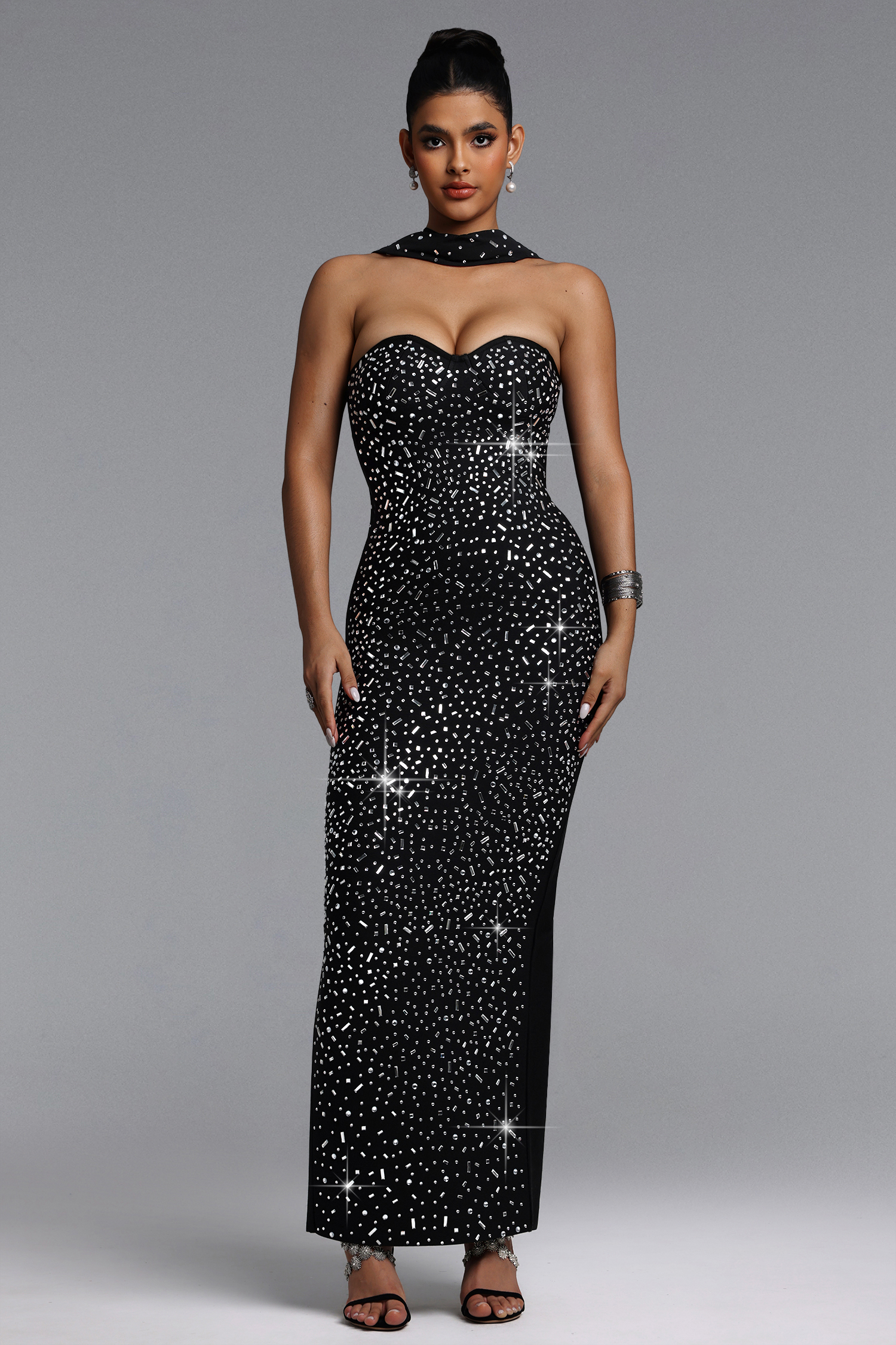Tiff Glamorous Contour Strapless Scarf Crystal Bandage Maxi Dress