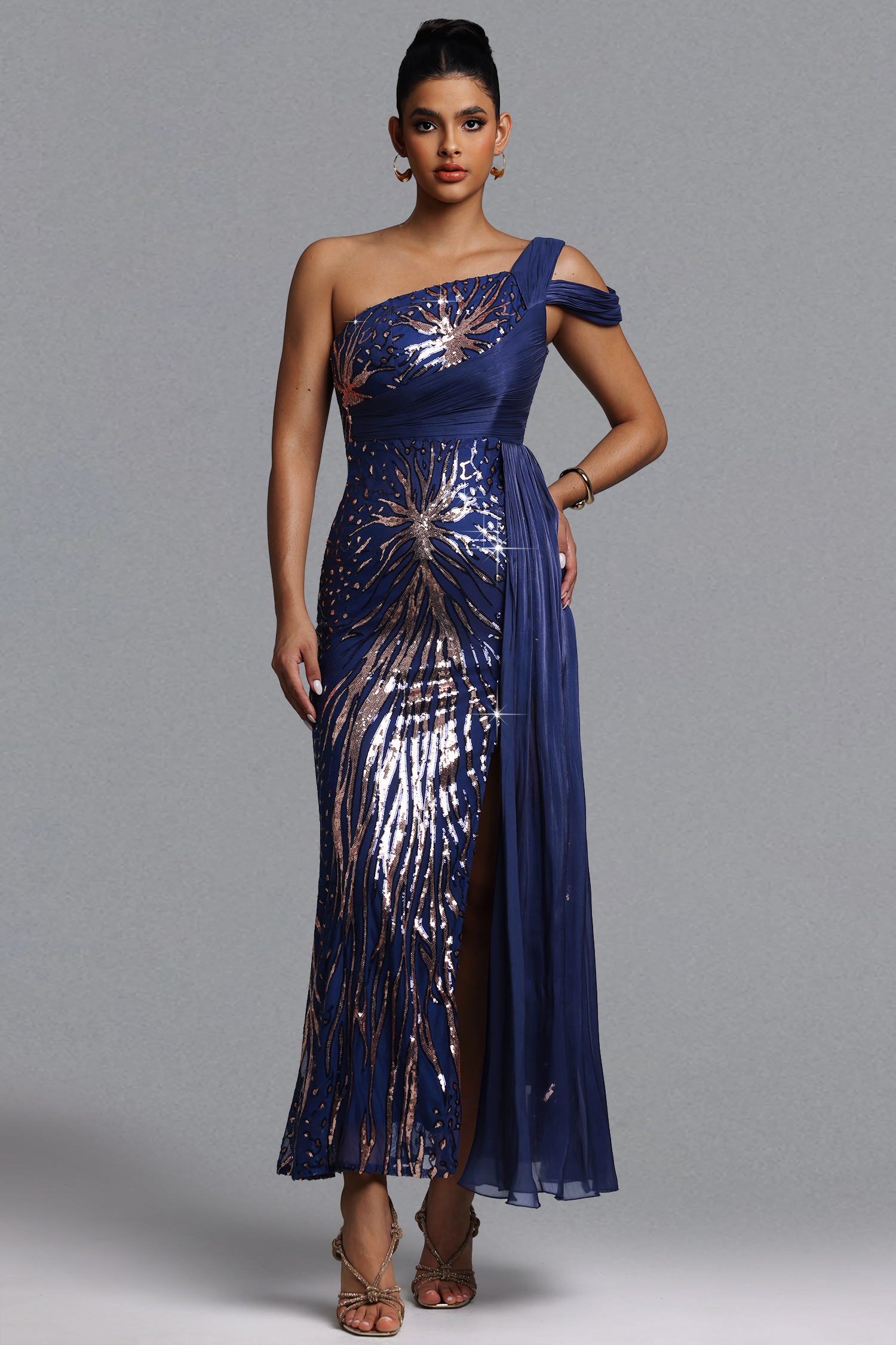 Samira Elegant Flowy One Shoulder Pleated Sequin Maxi Dress