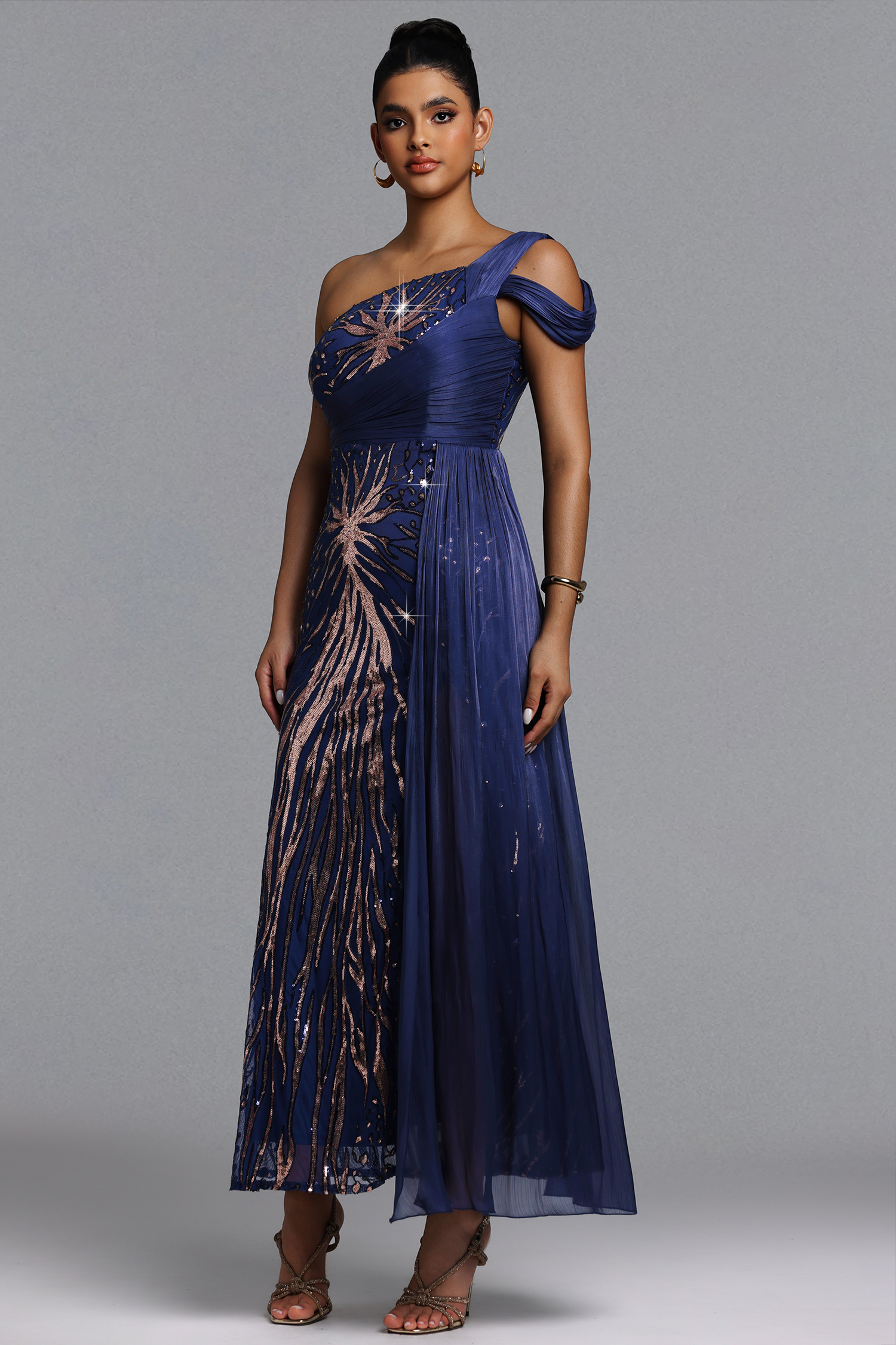 Samira Elegant Flowy One Shoulder Pleated Sequin Maxi Dress