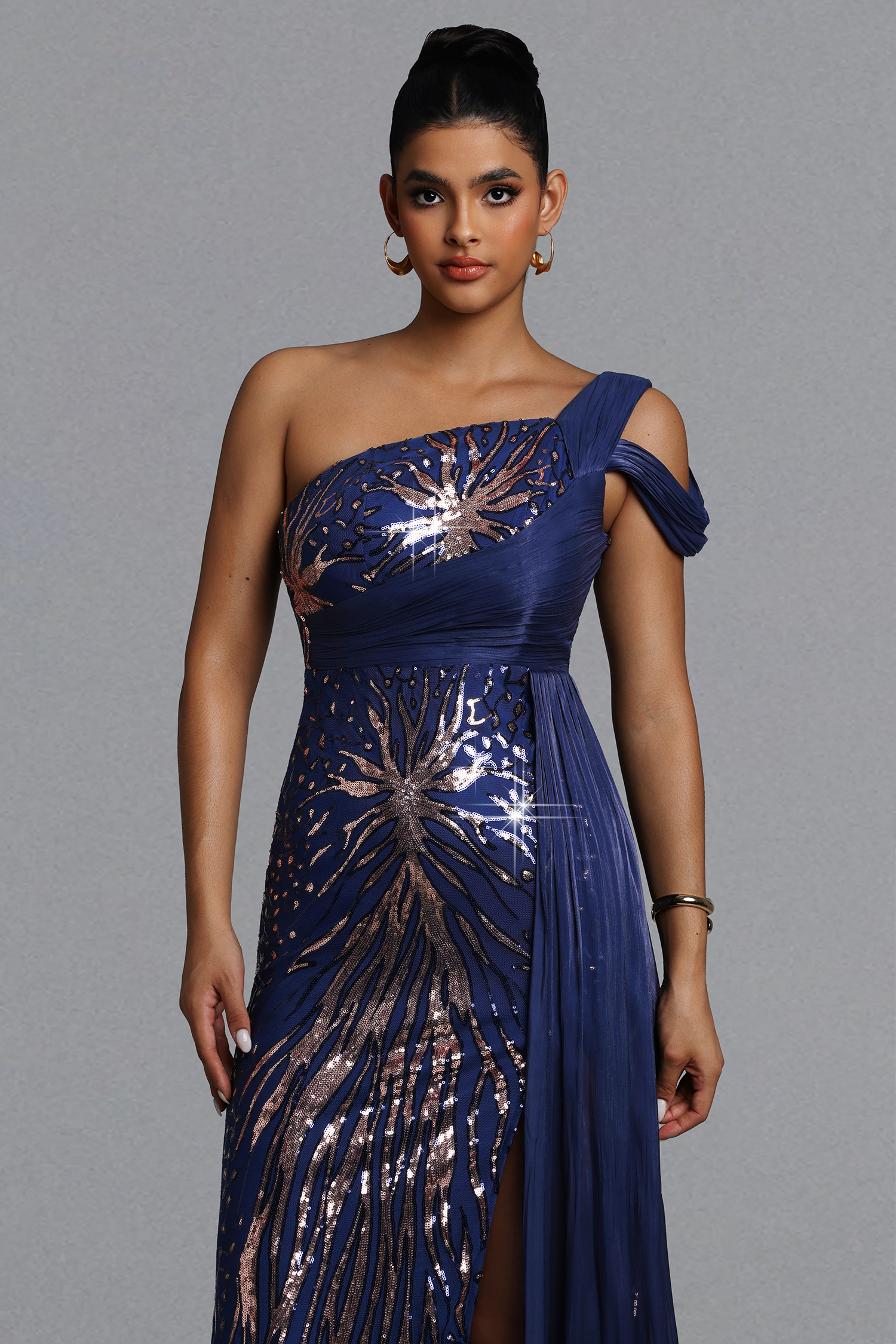 Samira Elegant Flowy One Shoulder Pleated Sequin Maxi Dress