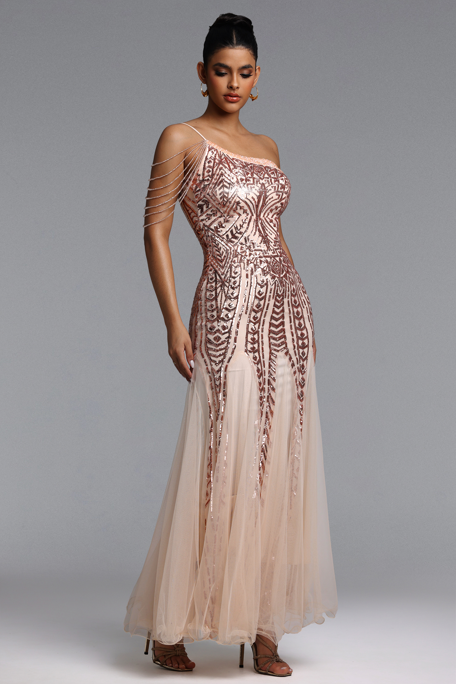 Elay One Shoulder Sequined Fishtail Beige Maxi Dress