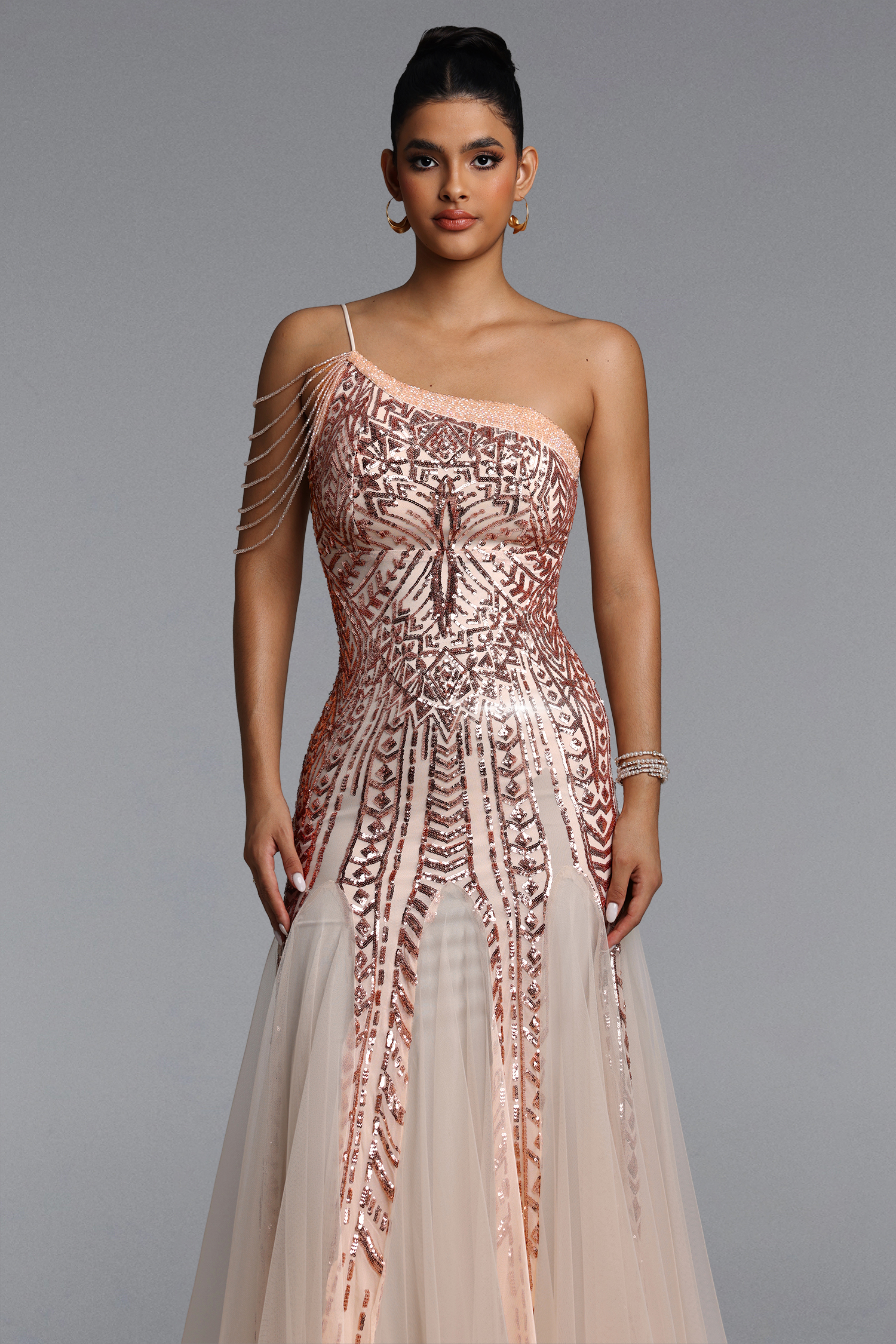 Elay One Shoulder Sequined Fishtail Beige Maxi Dress