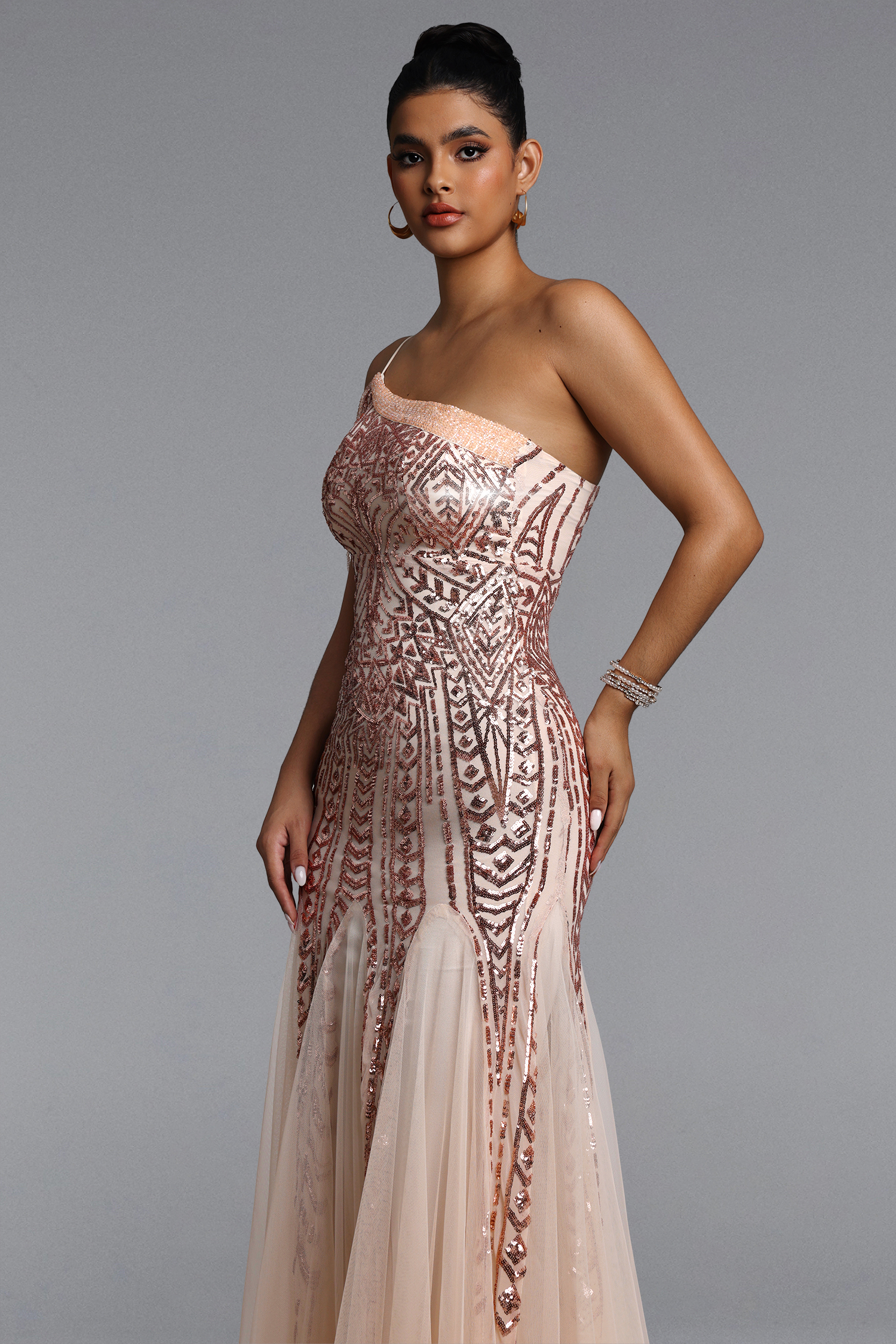 Elay One Shoulder Sequined Fishtail Beige Maxi Dress