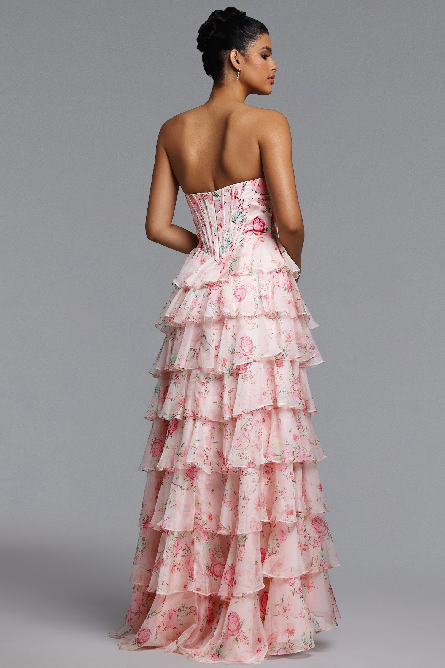 Namia Romantic Tailored Strapless Rhinestone Ruffle Floral Print Maxi Dress