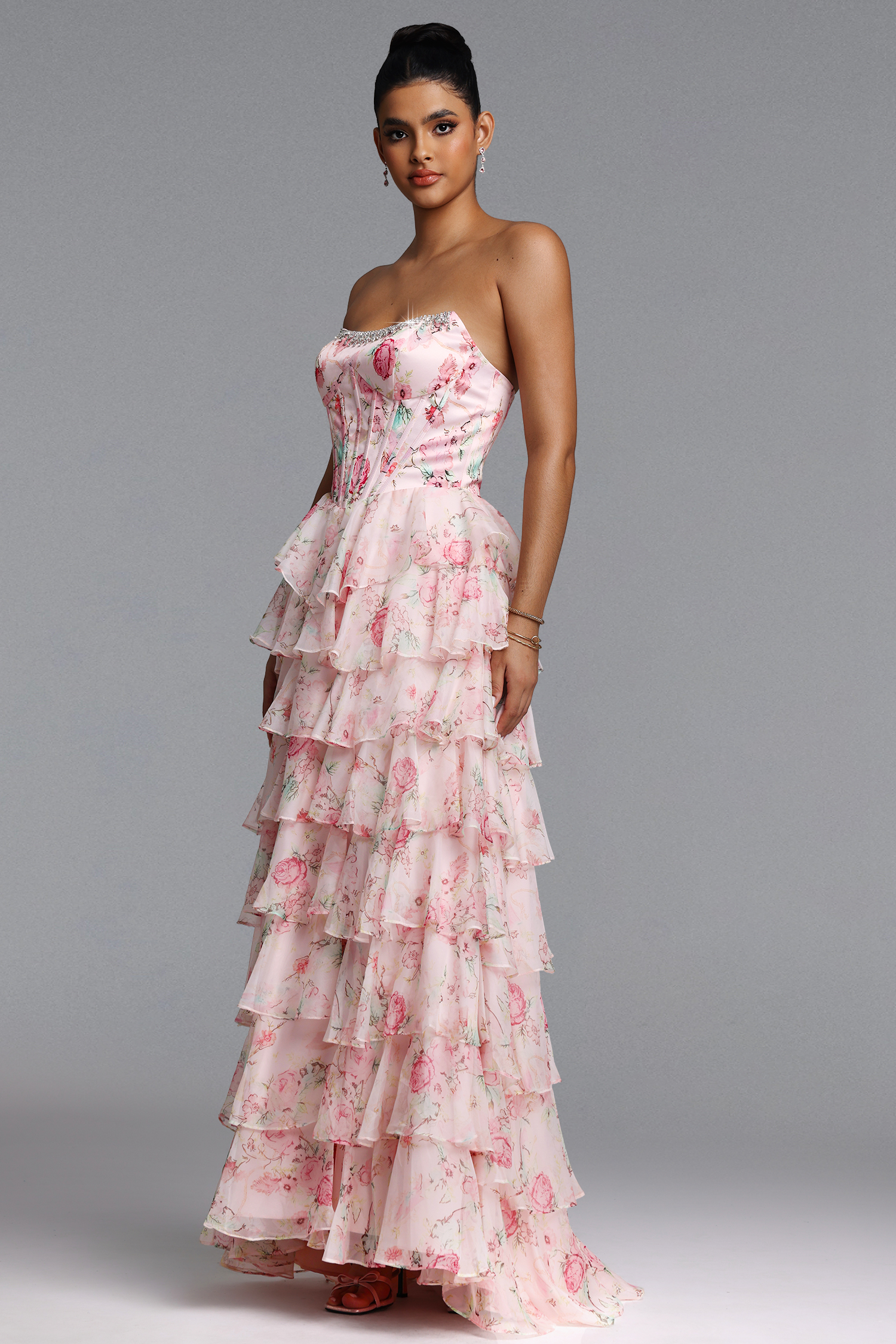 Namia Romantic Tailored Strapless Rhinestone Ruffle Floral Print Maxi Dress