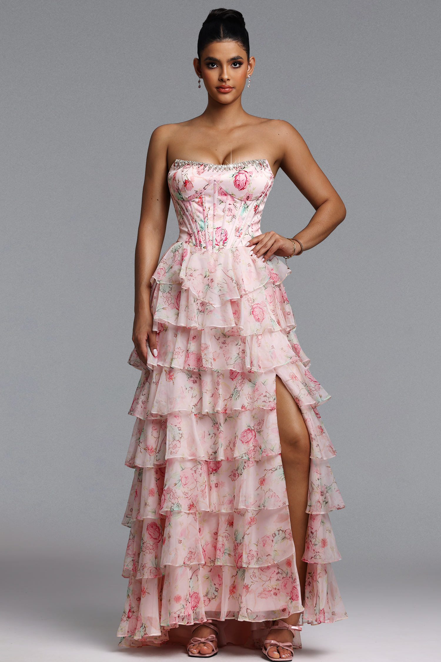 Namia Romantic Tailored Strapless Rhinestone Ruffle Floral Print Maxi Dress