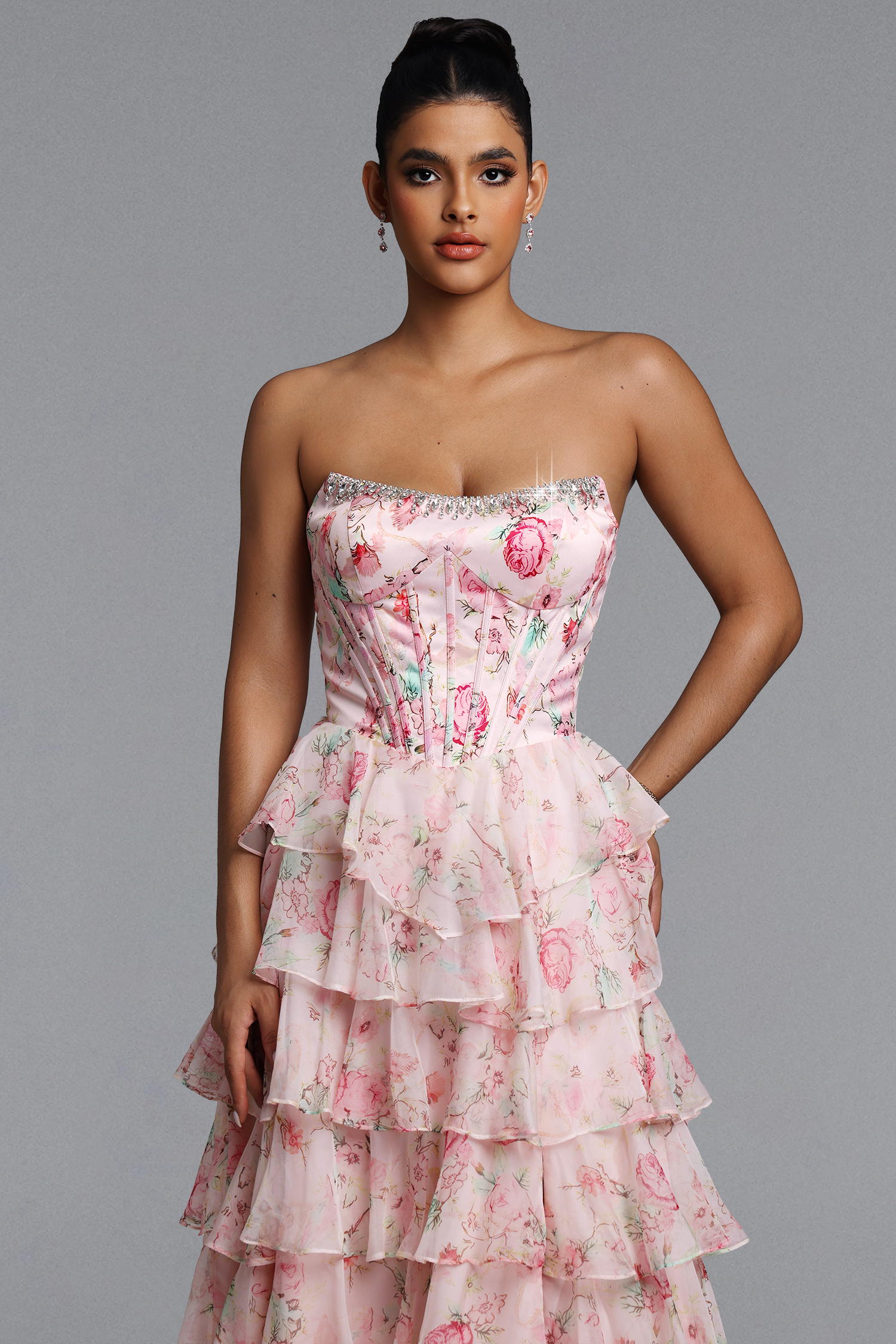 Namia Romantic Tailored Strapless Rhinestone Ruffle Floral Print Maxi Dress
