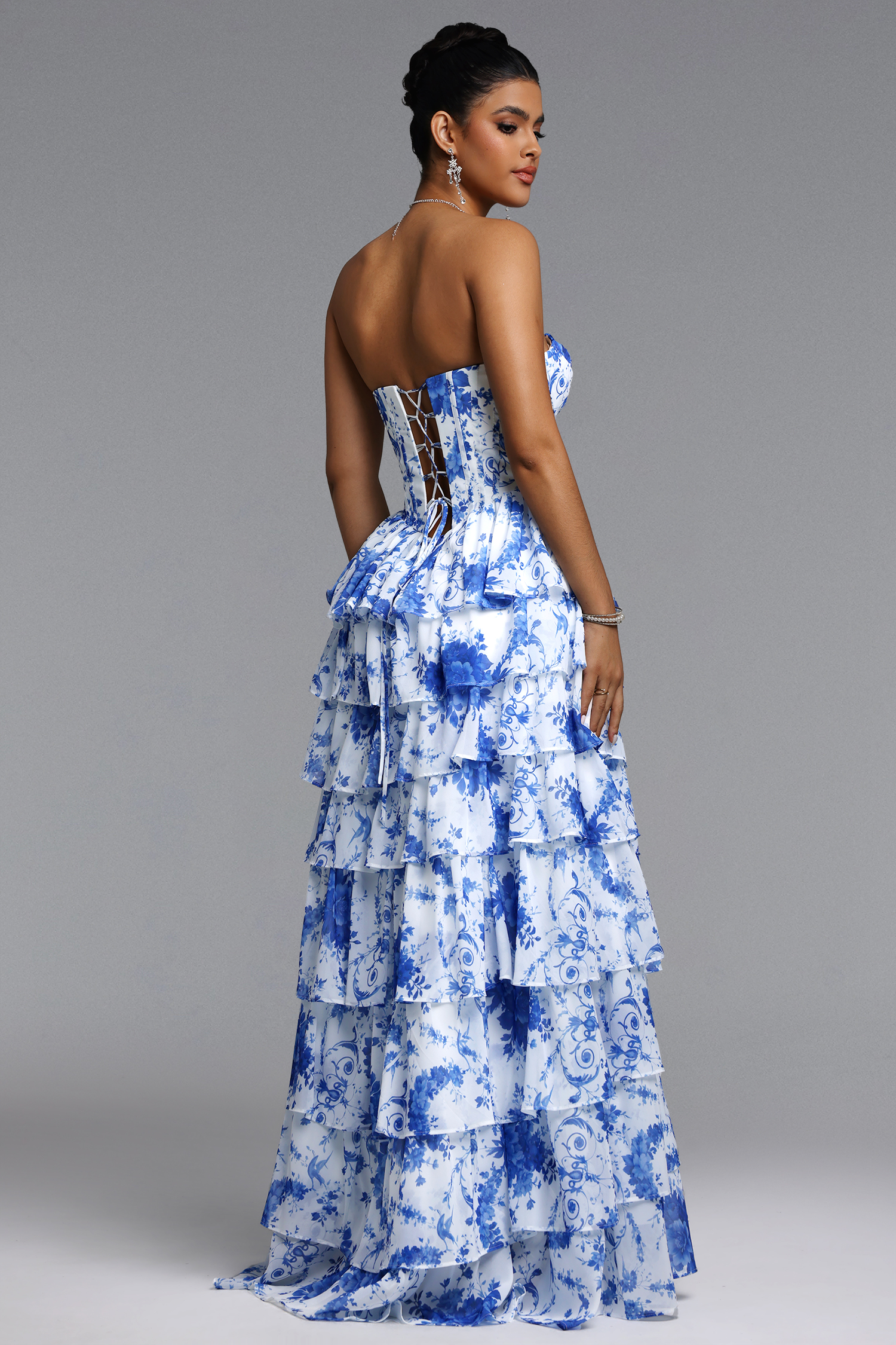 Pako Elegant Tailored Strapless Pleated Floral Print Maxi Dress