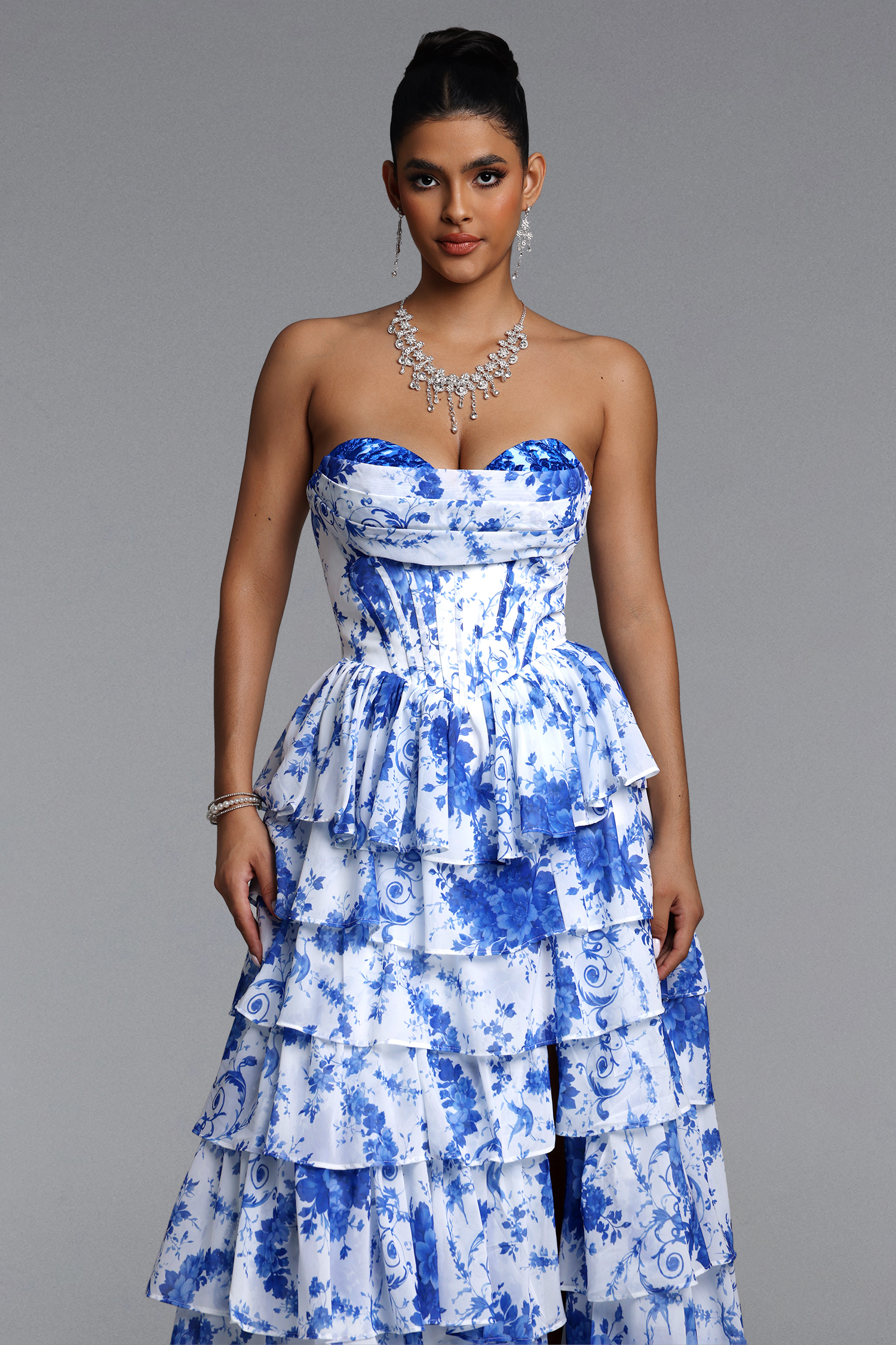 Pako Elegant Tailored Strapless Pleated Floral Print Maxi Dress