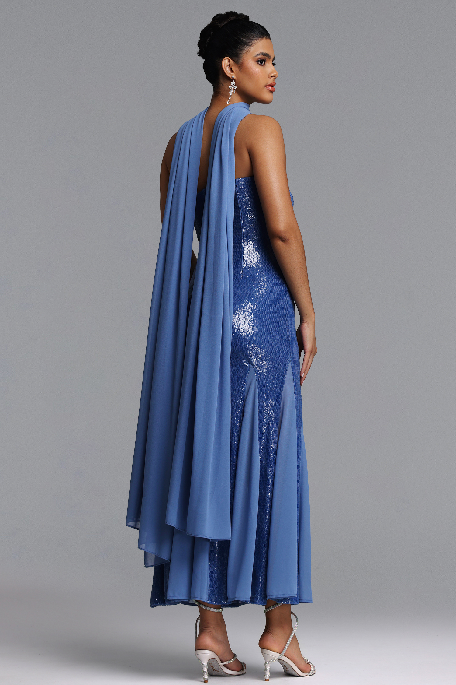 Mary Chic Contour Strapless Scarf Sequin Maxi Dress