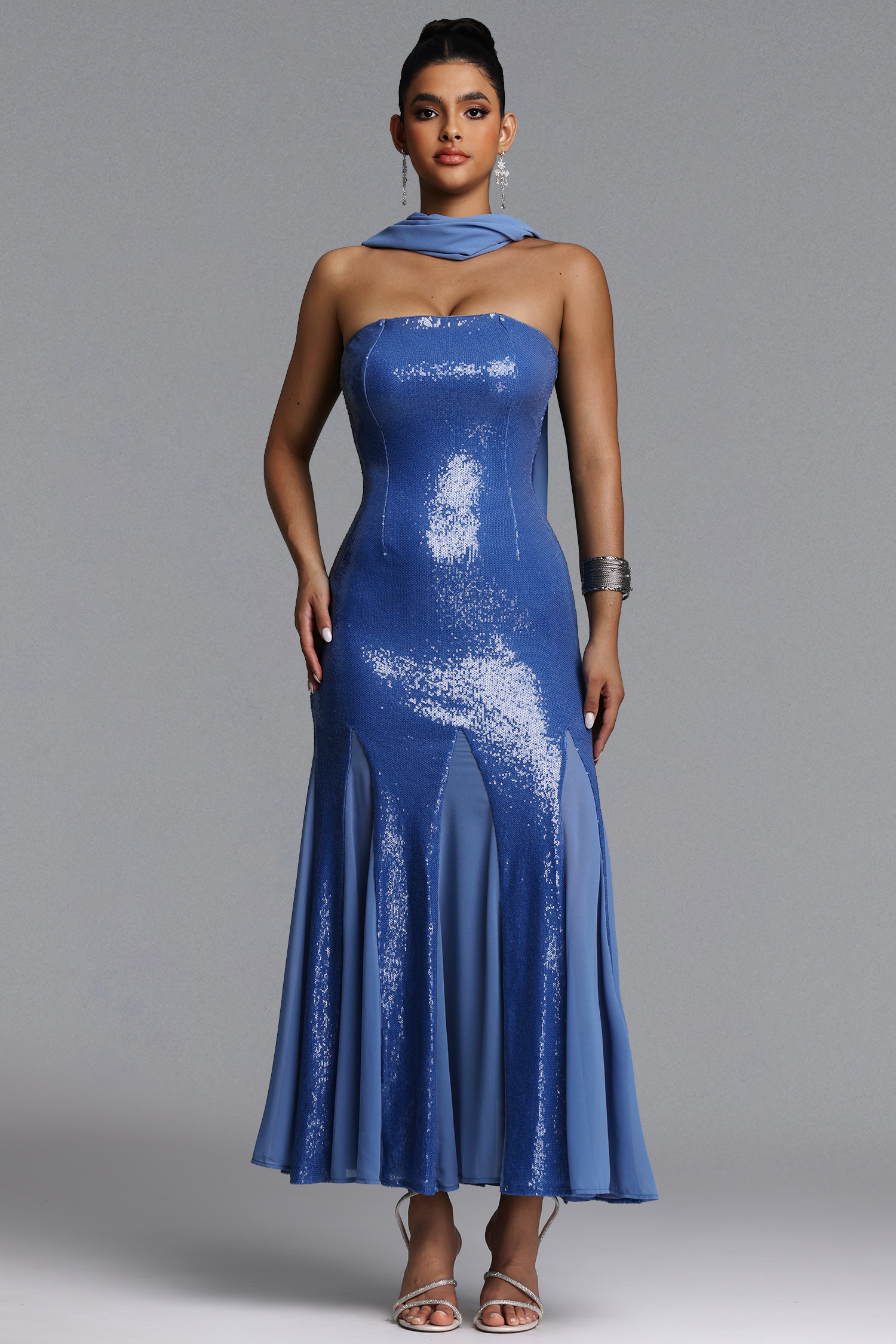 Mary Chic Contour Strapless Scarf Sequin Maxi Dress