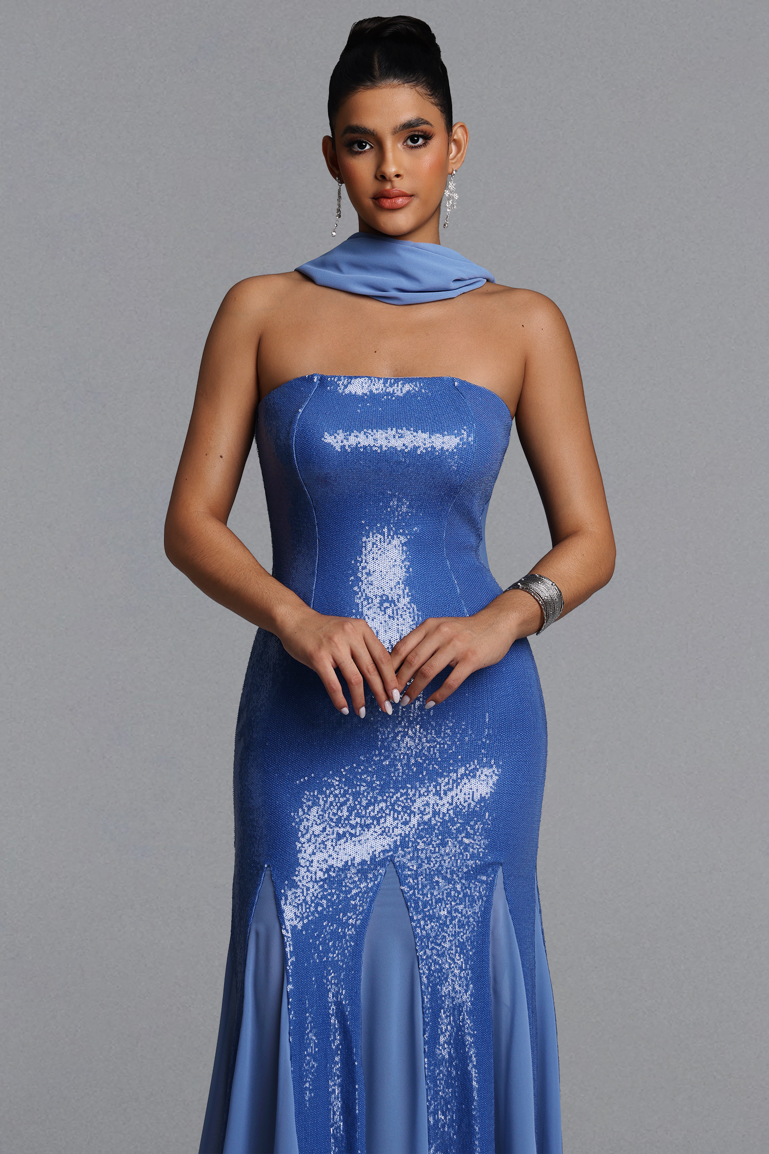 Mary Chic Contour Strapless Scarf Sequin Maxi Dress