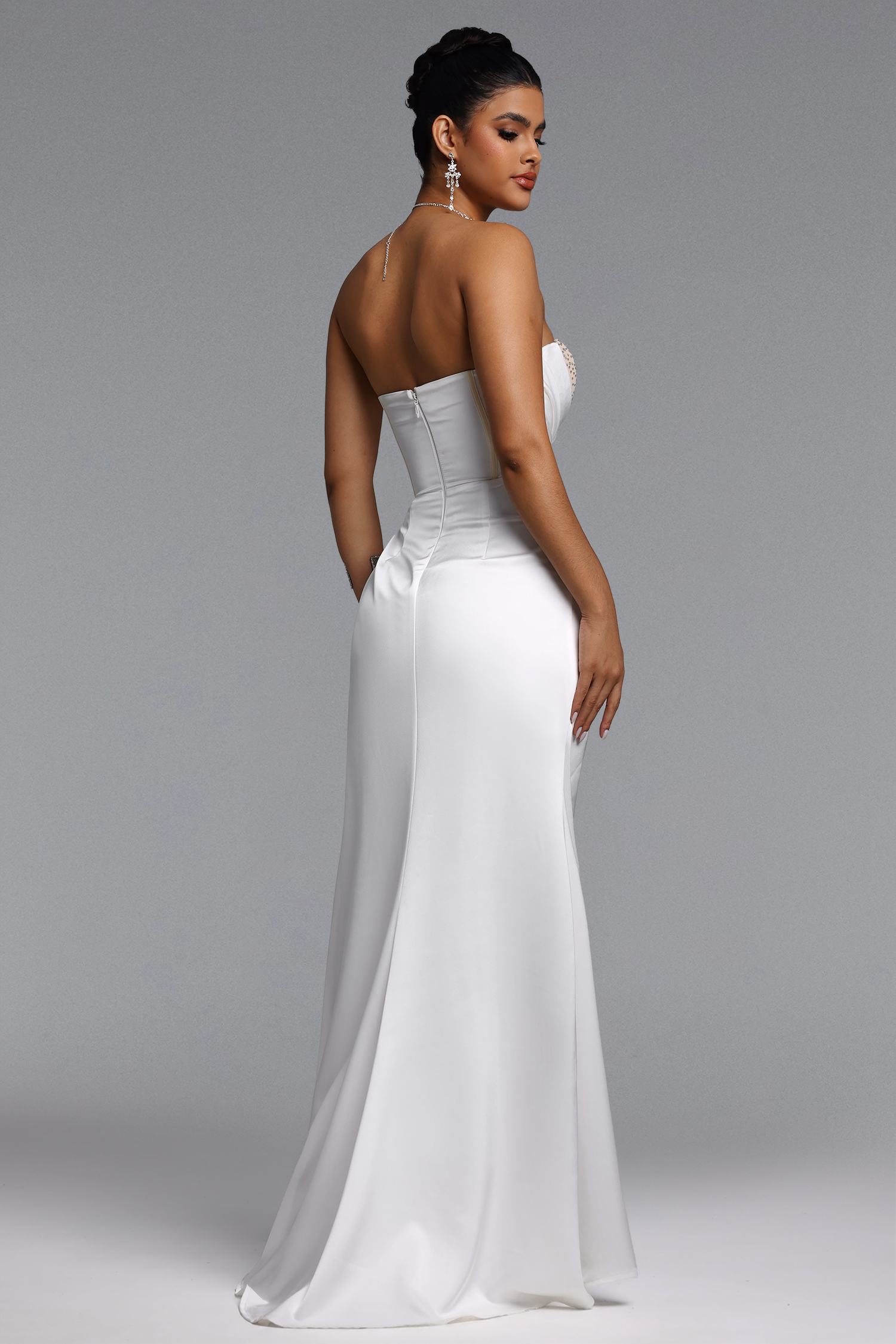 Kapol Elegant Tailored Strapless Pleated Crystal Maxi Dress