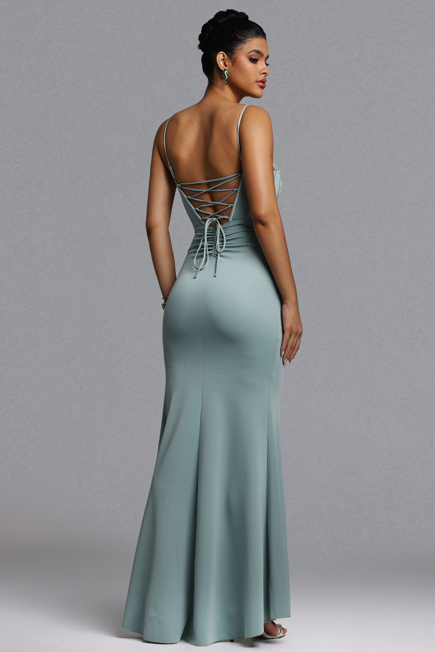 Tutti Romantic Contour Cut Out Pleated Satin Green Maxi Dress